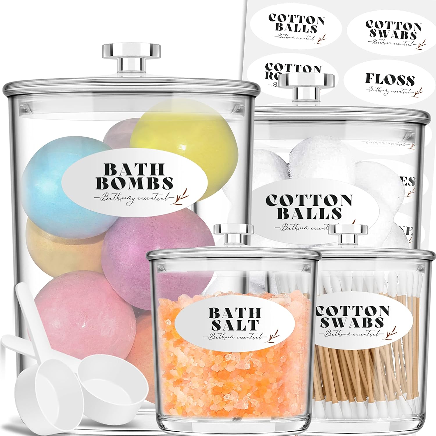 Bathroom Jars With Lids Set - 4 Pack Acrylic Apothecary Jars For Bath Bomb Holder, Bath Salt Container, Qtip Holder, Cotton Ball/Pad Holder - Ideal Bathroom Organizers And Storage Canisters