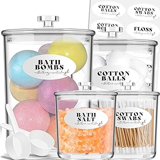 Bathroom Jars With Lids Set - 4 Pack Acrylic Apothecary Jars For Bath Bomb Holder, Bath Salt Container, Qtip Holder, Cotton Ball/Pad Holder - Ideal Bathroom Organizers And Storage Canisters