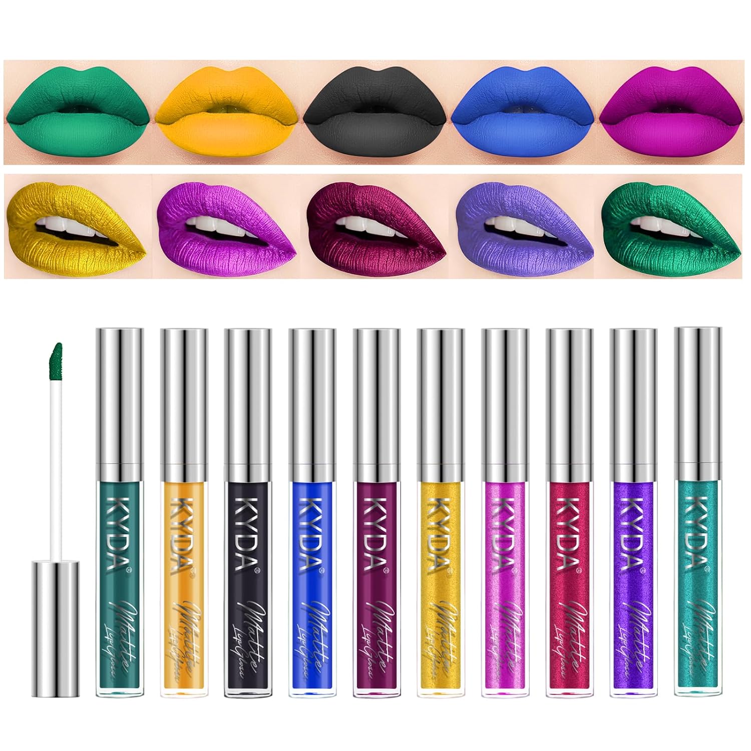 KYDA 10 Colors Lipstick, Matte Velvet&Glitter Metallic Colors, for Glossy Radiant&Full Matte Lip Gloss, Non-Stick Cup Long Wear Lip Glaze, High Pigmented Lipstick Cosmetic-SET B