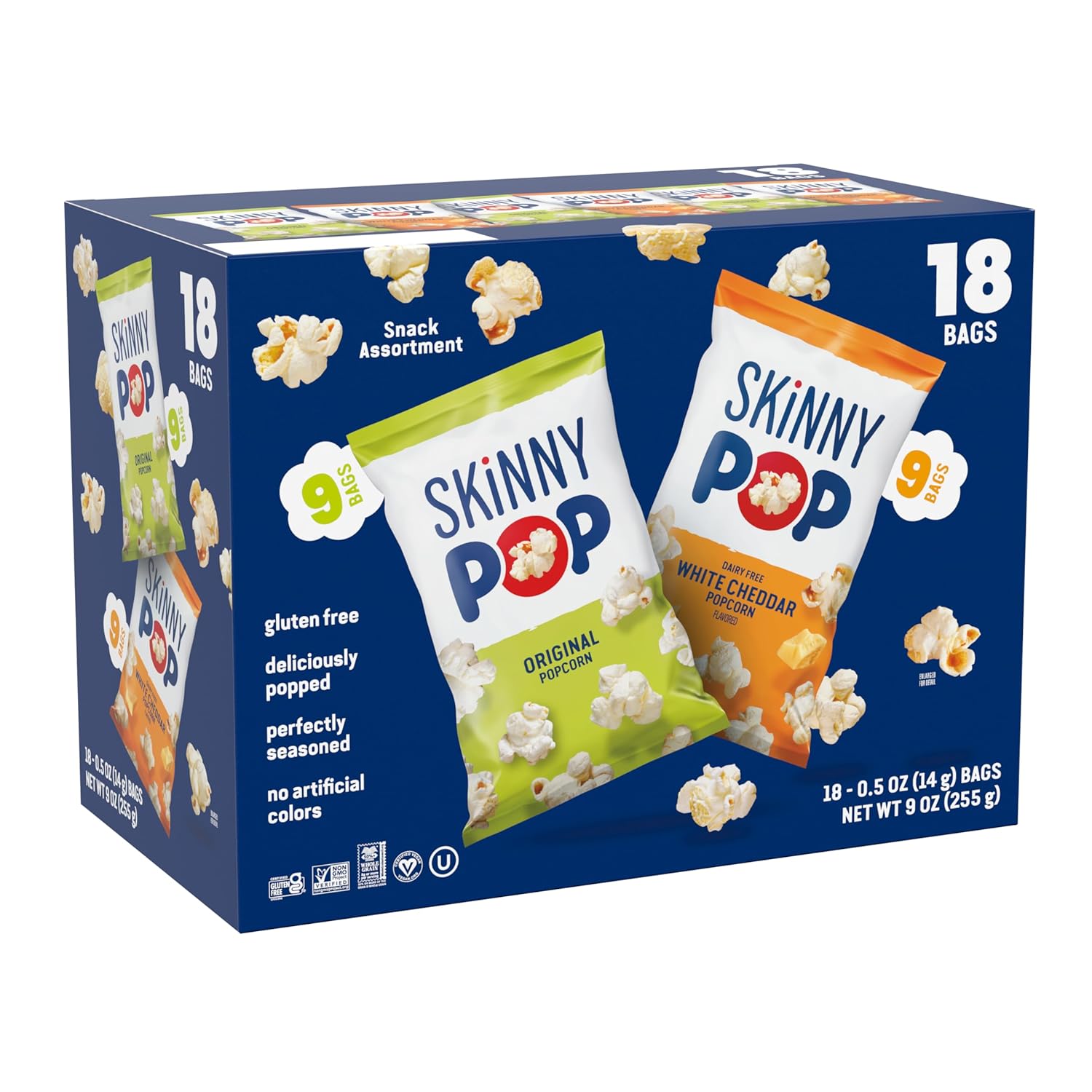 SkinnyPop Popcorn, Original and Dairy Free White Cheddar, Gluten-Free, Non-GMO, 0.5oz Individual Size Snack Bags (18 Count)