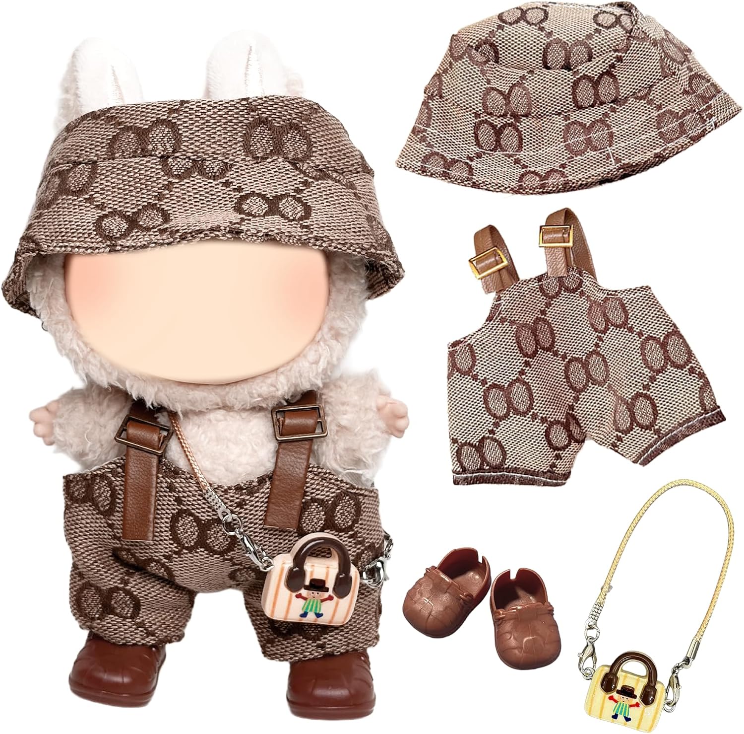 4 Pcs Doll Clothes Compatible with Labubu 17cm Dolls, Brown Doll Outfit Accessories Sets Include 1 Bib Pants 1 Pendant 1 Hats1 Shoes Girl for Best Gifts No Doll