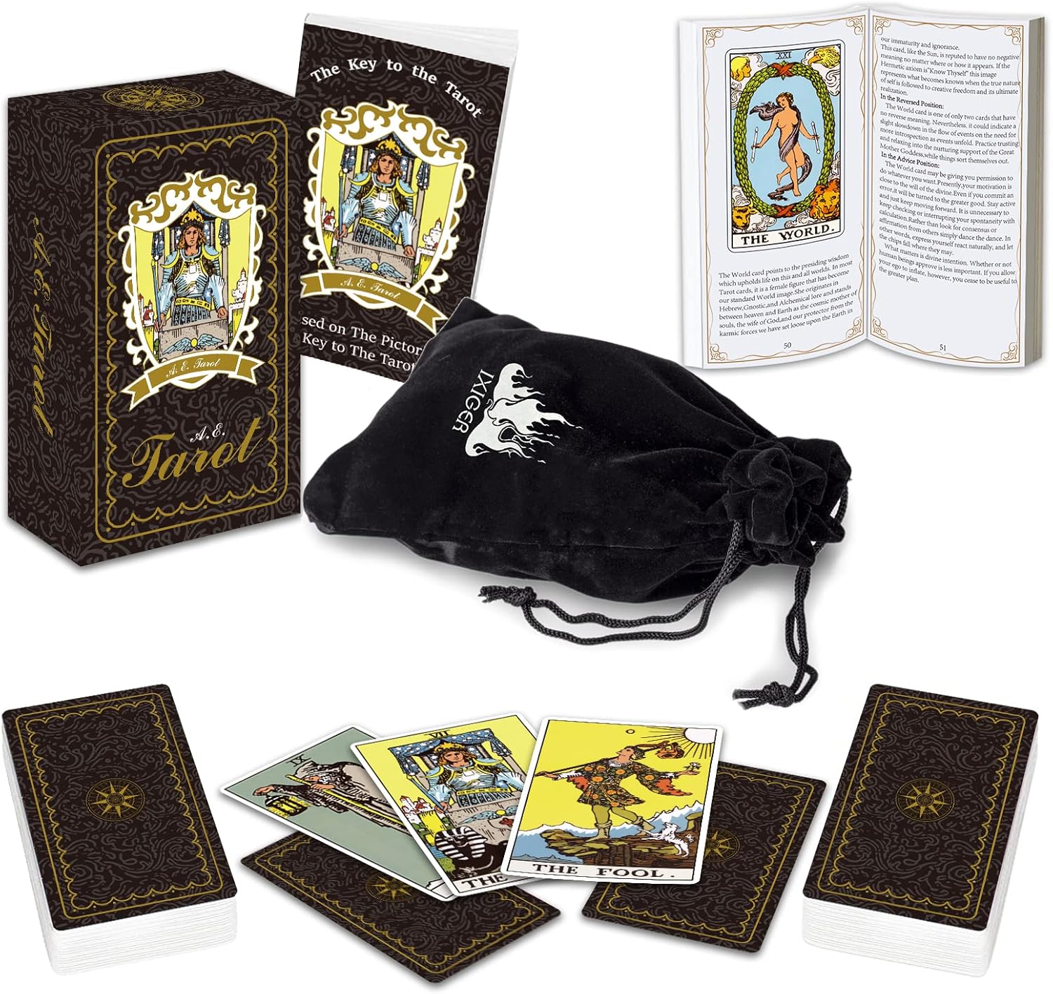 IXIGER Tarot Cards Deck with Guide Book for Beginners and Expert Readers - 78 Pcs Classic Set with Black Velvet Pouch Bag