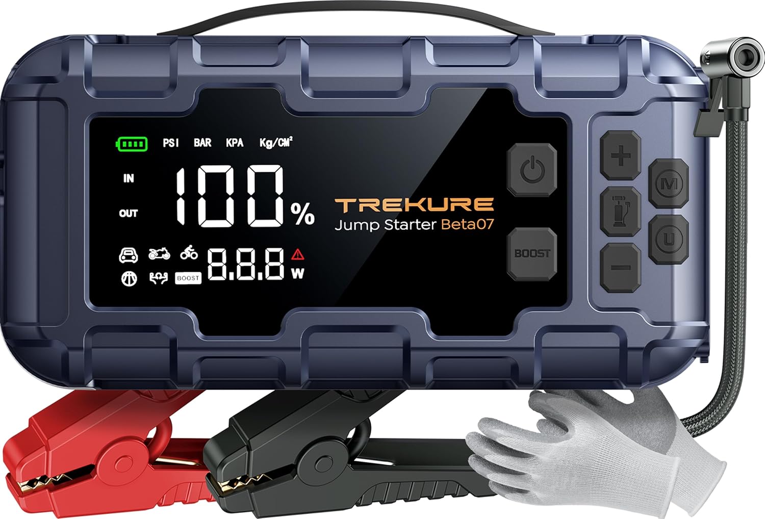 TREKURE 7-IN-1 6000A Jump Starter Power Pack with 160PSI Air Compressor, PD45W Charger with Car Battery Booster Jump Starter (all Gas/12L Diesel), Car Starter Power Bank, Gloves, Lights, QC3.0