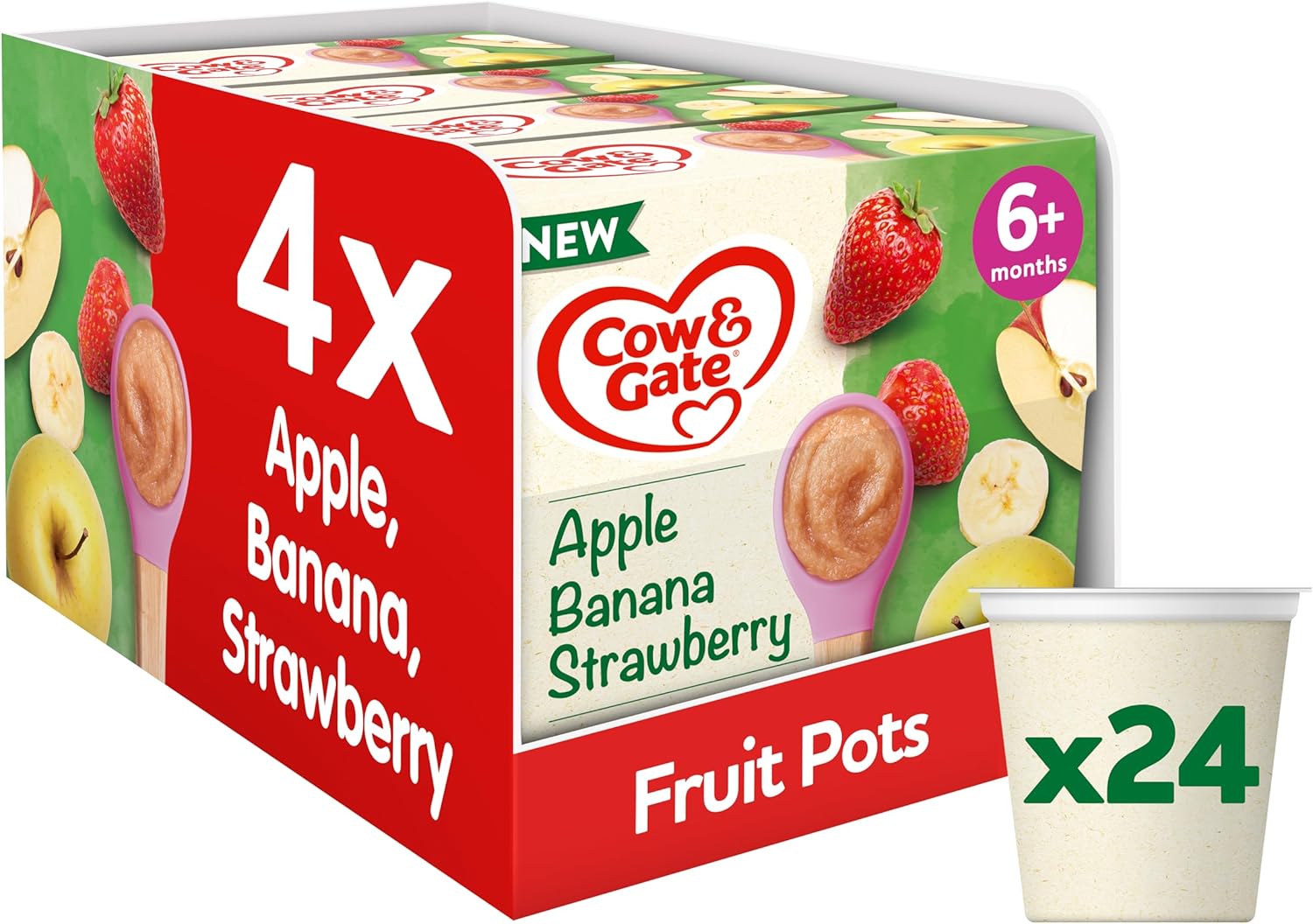 Cow & Gate Apple Strawberry & Banana Baby Food Fruit Pot Multipack, 6+ Months, 100g (24 Pots)