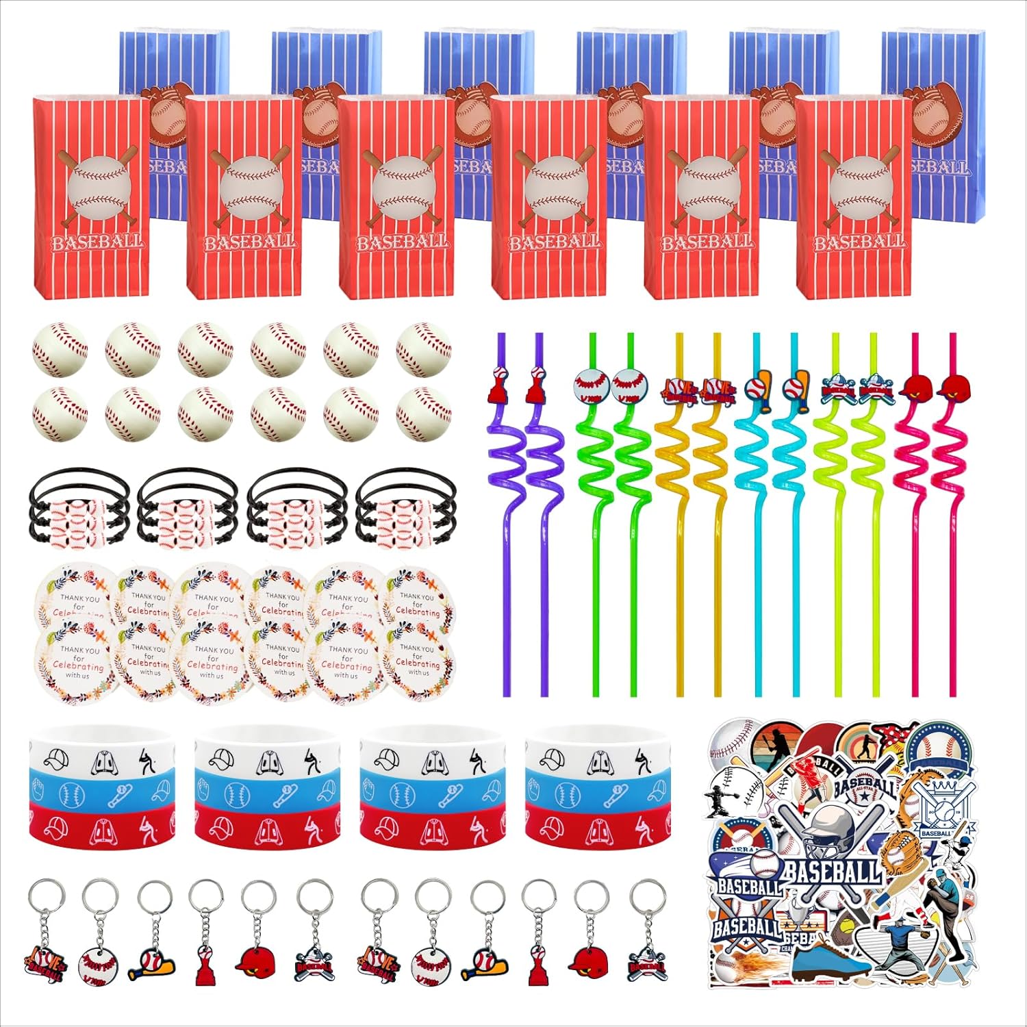 134 PCS Baseball Goodie Bags Favors with Straws, Keychains, Mini Baseballs, Wristbands, Bracelets, Stickers, Thank You Cards, Multi-Item Party Favor Packs, Party Favors