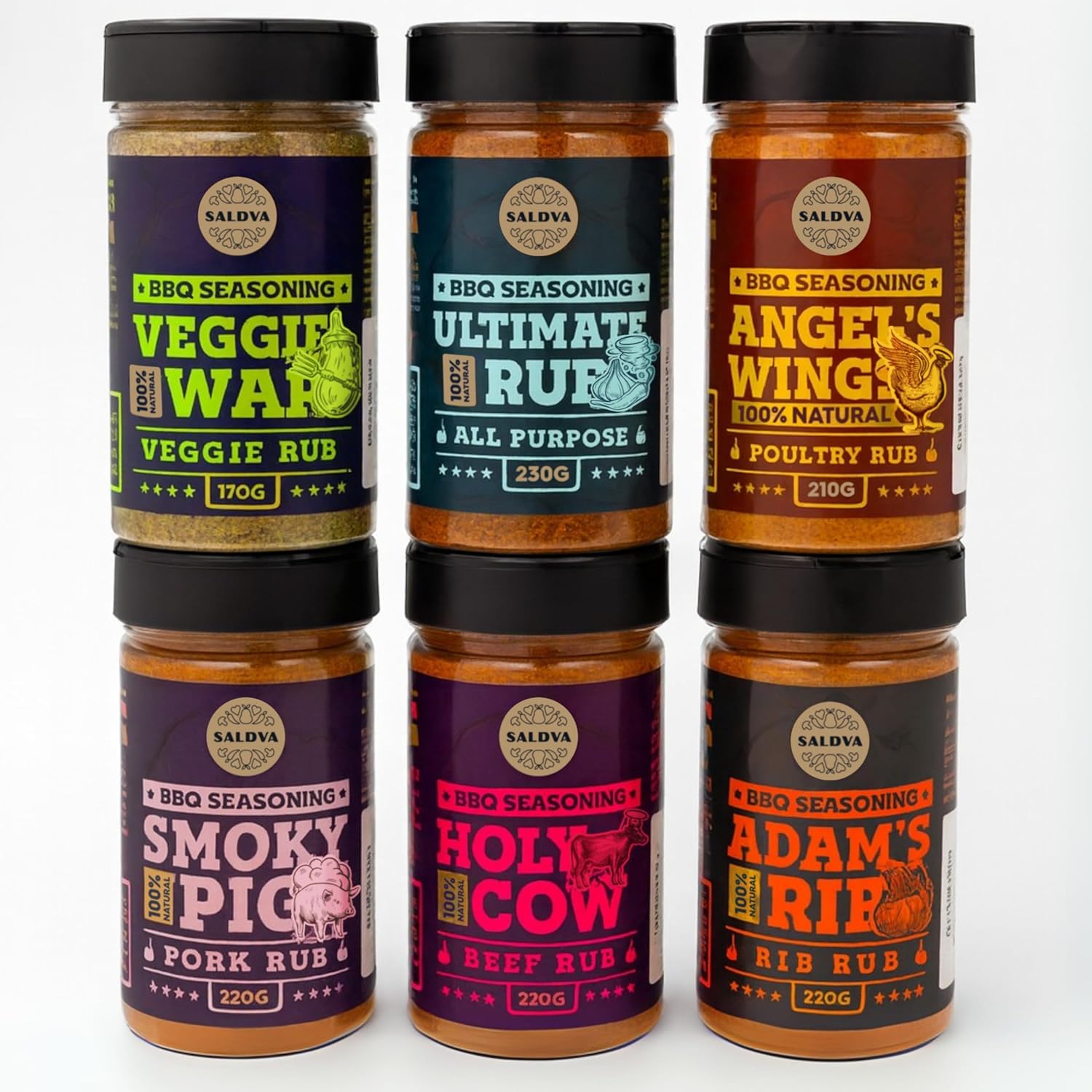 Classic Selection of Premium BBQ Seasonings - Holy Cow, Adam’s Rib, Angel’s Wings, Smoky Pig, Ultimate Rub & Veggie War BBQ Rubs | Pack of 6 | 100% Natural | Great Foodie Gift