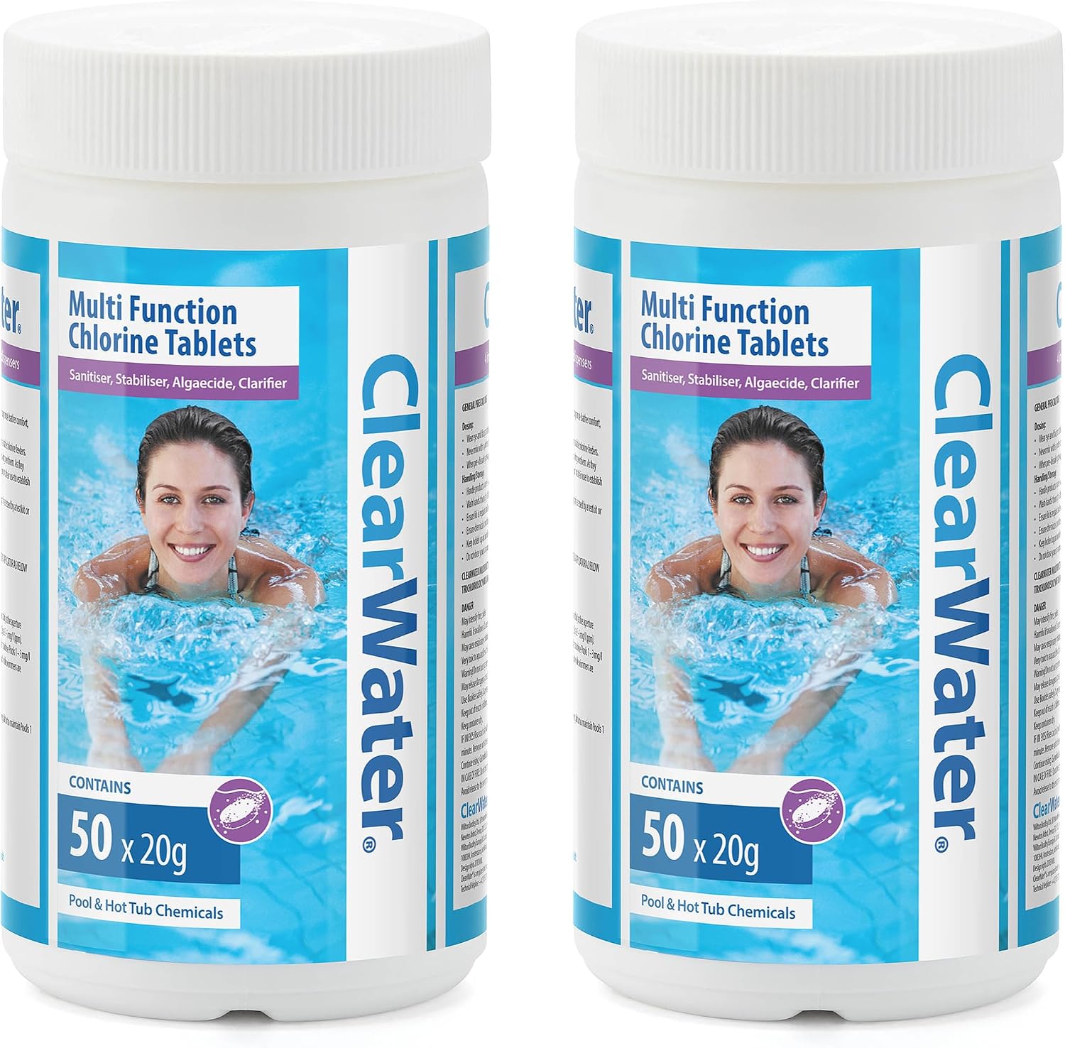 Clearwater 1kg Multifunction Chlorine Tablets, 4-in-1 Dispenser Tablets (Sanitiser, Stabiliser, Algaecide and Clarifier) for Pools and Hot Tubs, 100 x 20 g, White