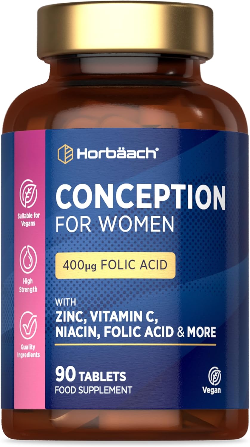 Conception Vitamins for Women | Fertility Support with 400µg Folic Acid, Vitamin C, Iron & Zinc | Pregnancy & Fertility | 90 Vegan Tablets | by Horbaach