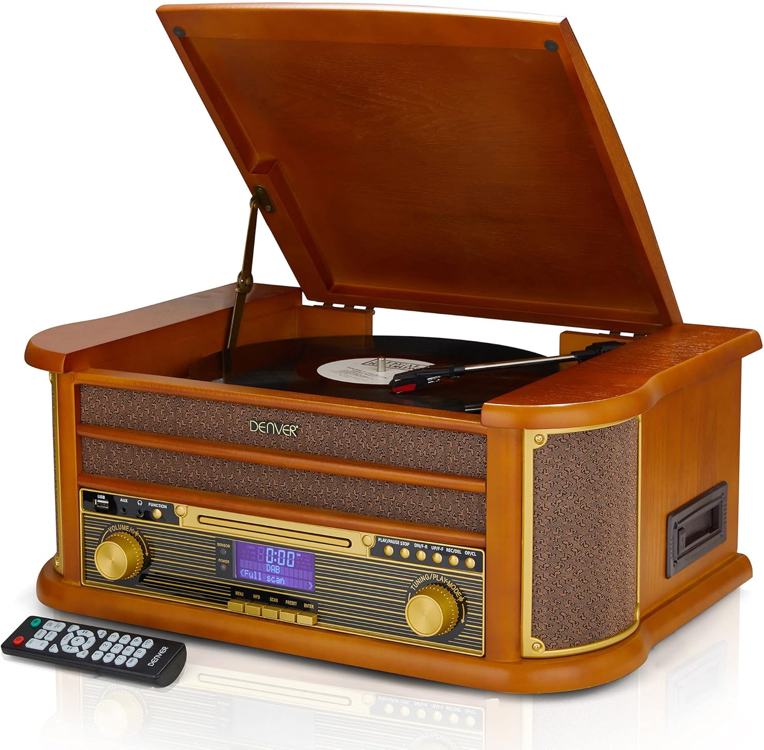 Denver 9-in-1 Retro Vintage DAB Bluetooth Wooden Radio Record Player With Speakers – DAB+ Radio, FM, Record Player, Cassette & CD Player, AUX IN, MP3 USB Recording, AUX IN And Line Out - MRD-51BT MK2