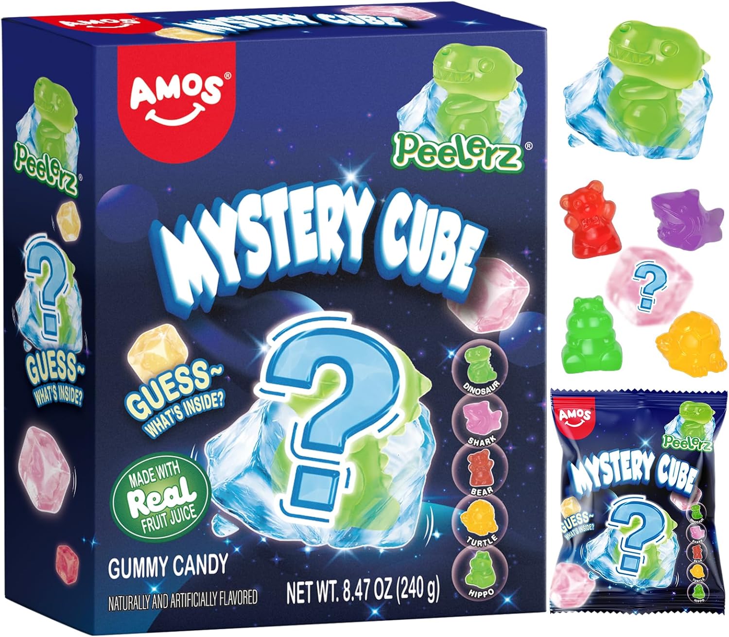 AMOS Peelerz Gummy Sweets, (Strawberry & Grape & Apple & Orange) Mystery Cube 4 Flavours Peelable Sweets Candy, Made with Real Fruit Juice Chews Snacks About 8-10 bags -240G
