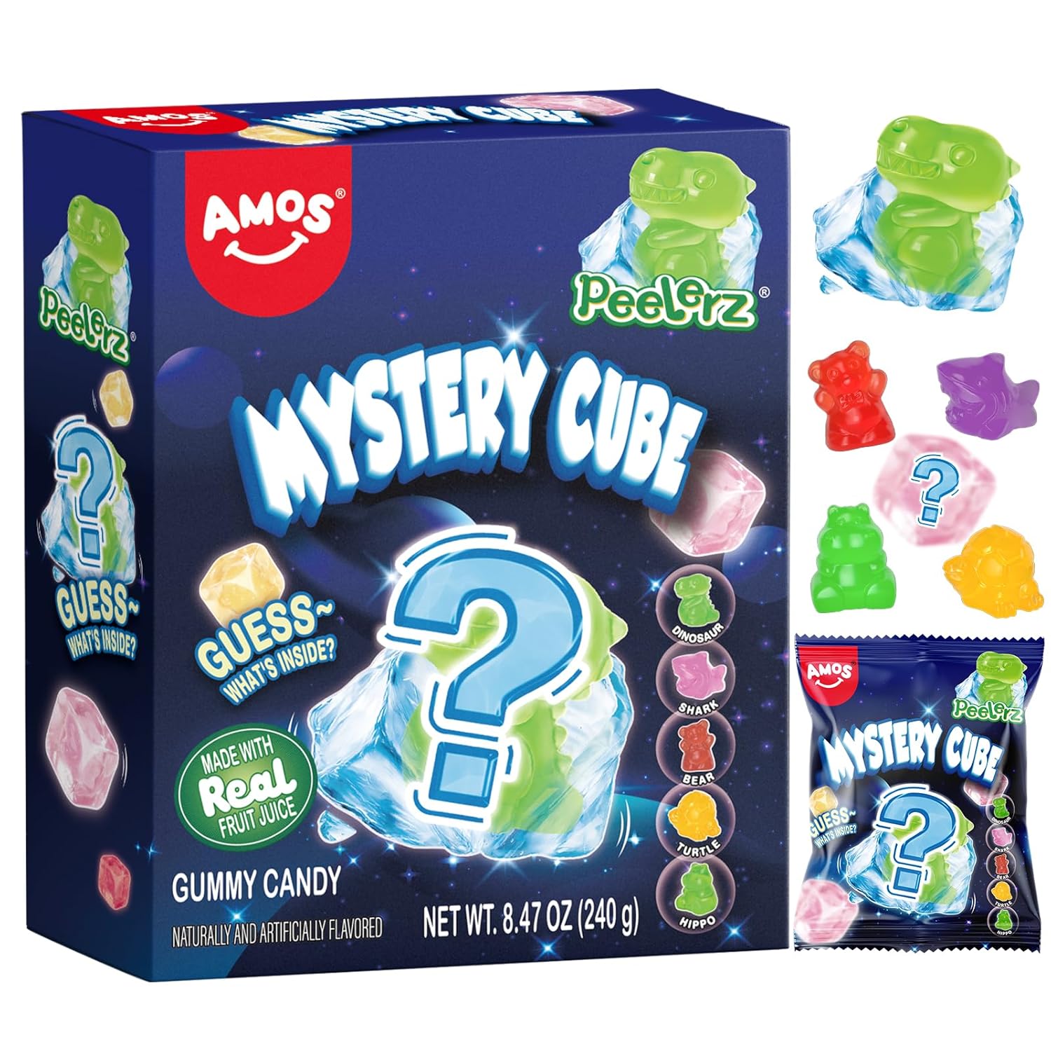 AMOS Peelerz Mystery Cube Peelable Gummy Candy – 3D Peeling Candy – 8.47oz Box with Approximately 10 Pouches – Made with Real Fruit Juice