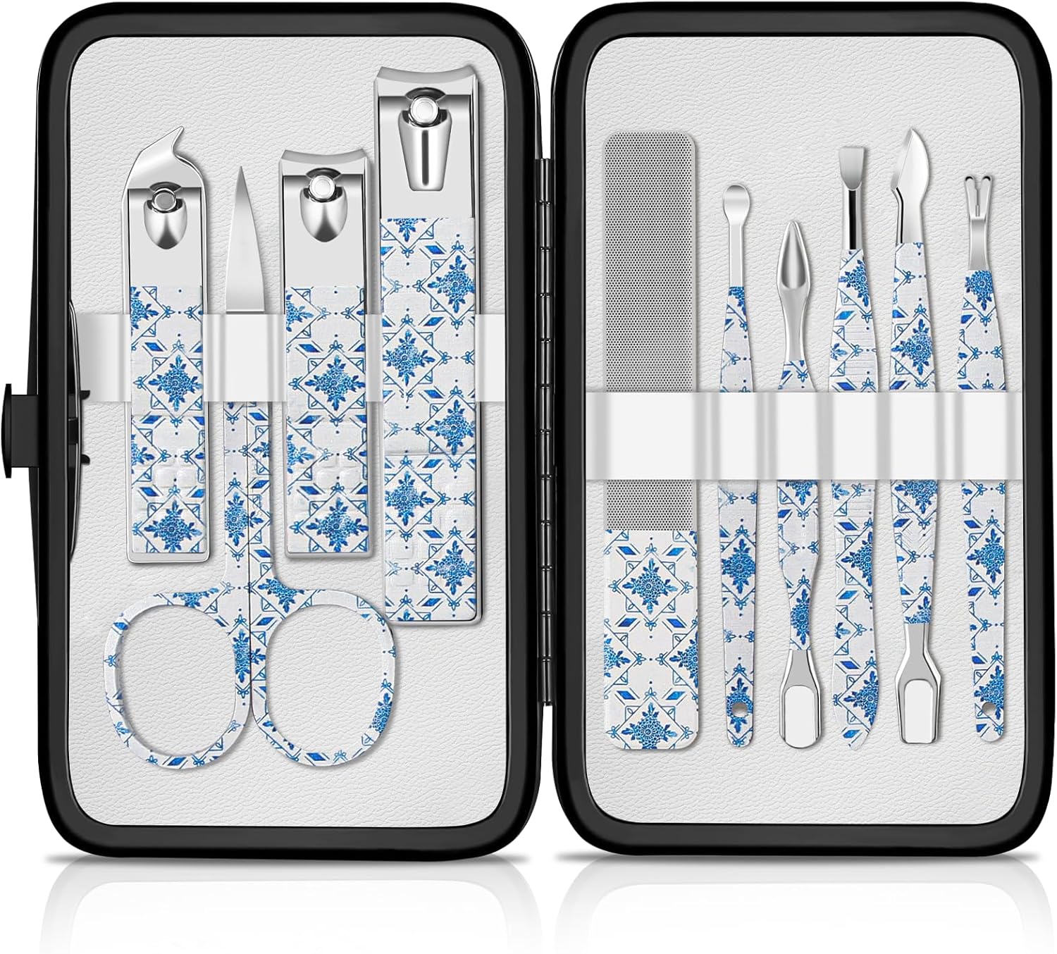 Manicure Set Nail Clippers Kit Professional Manicure Pedicure Care Tools 10pcs Stainless Steel Men Women Personal Care Grooming kit for Home Travel or Gift (Blue and White)