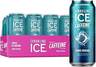 Sparkling Ice Caffeine Blue Raspberry Sparkling Water with Caffeine, Zero Sugar, with Antioxidants and Vitamins,16 fl oz Cans (Pack Of 12)
