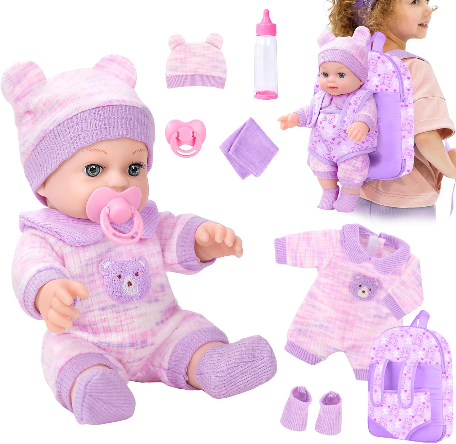 12'' Baby Doll with Bear Pattern Backpack in Gift Box,Including Clothes Accessories, Backpack, Baby Bottle, Pacifier, Hat, Socks, and Handkerchief for 3+ Child Girls Gifts