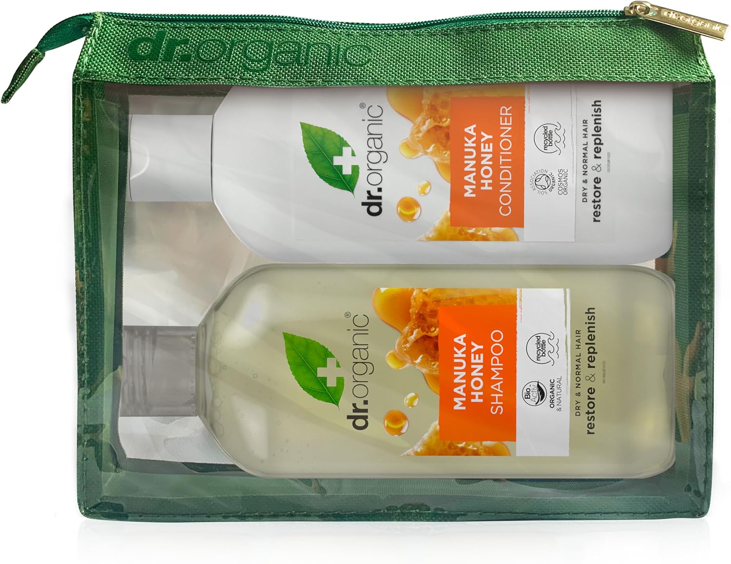 Dr Organic Manuka Honey Shampoo & Conditioner Set with Travel Bag, Restoring, Dry Hair, Natural, Vegetarian, Cruelty-Free, Paraben & SLS-Free, Recyclable & Recycled Ocean Bound Plastic, Organic, 265ml