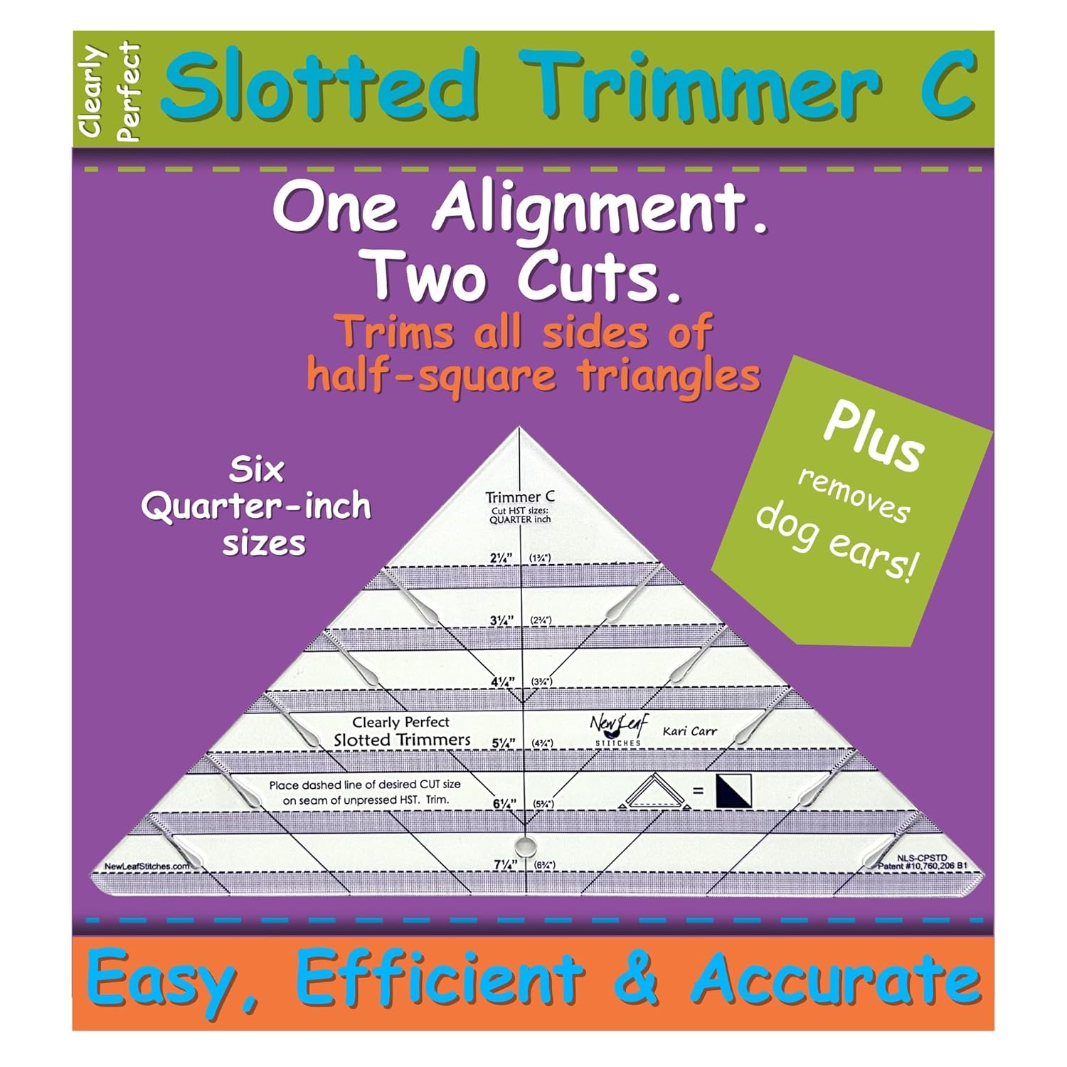 Cleary Perfect Slotted Trimmer C by New Leaf Stitches – Quilting Ruler Template and Stencil for Cutting All Sides of Half Square Triangles – 6 Quarter-Inch Slotted Sizes 2.25 Inch to 7.25 Inch