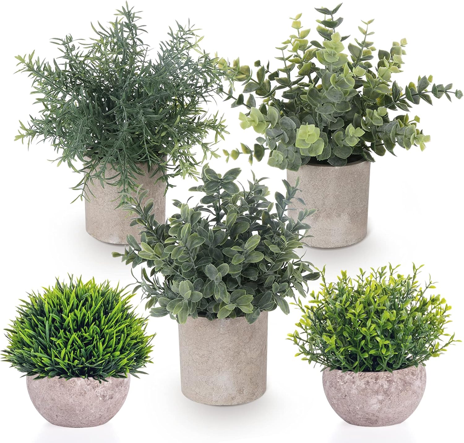 ilauke Set of 5 Mini Potted Artificial Plants Fake Small Eucalyptus Rosemary Greenery Plastic Faux Green Grass Potted Plants Decorative Fake Plant for House Office Balcony Desk Bathroom Decoration