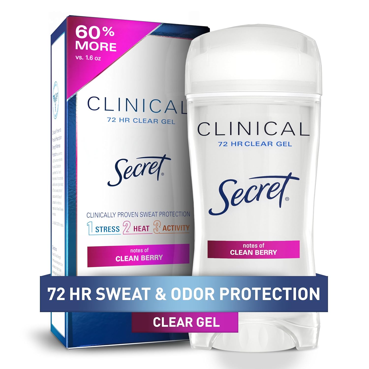 Secret Clinical Strength Antiperspirant Deodorant for Women, 3X Stress Protection, 72hr Sweat & Odor Protection, PH Balancing Minerals, Clear Gel, Clean Berry Scent, 2.6 oz