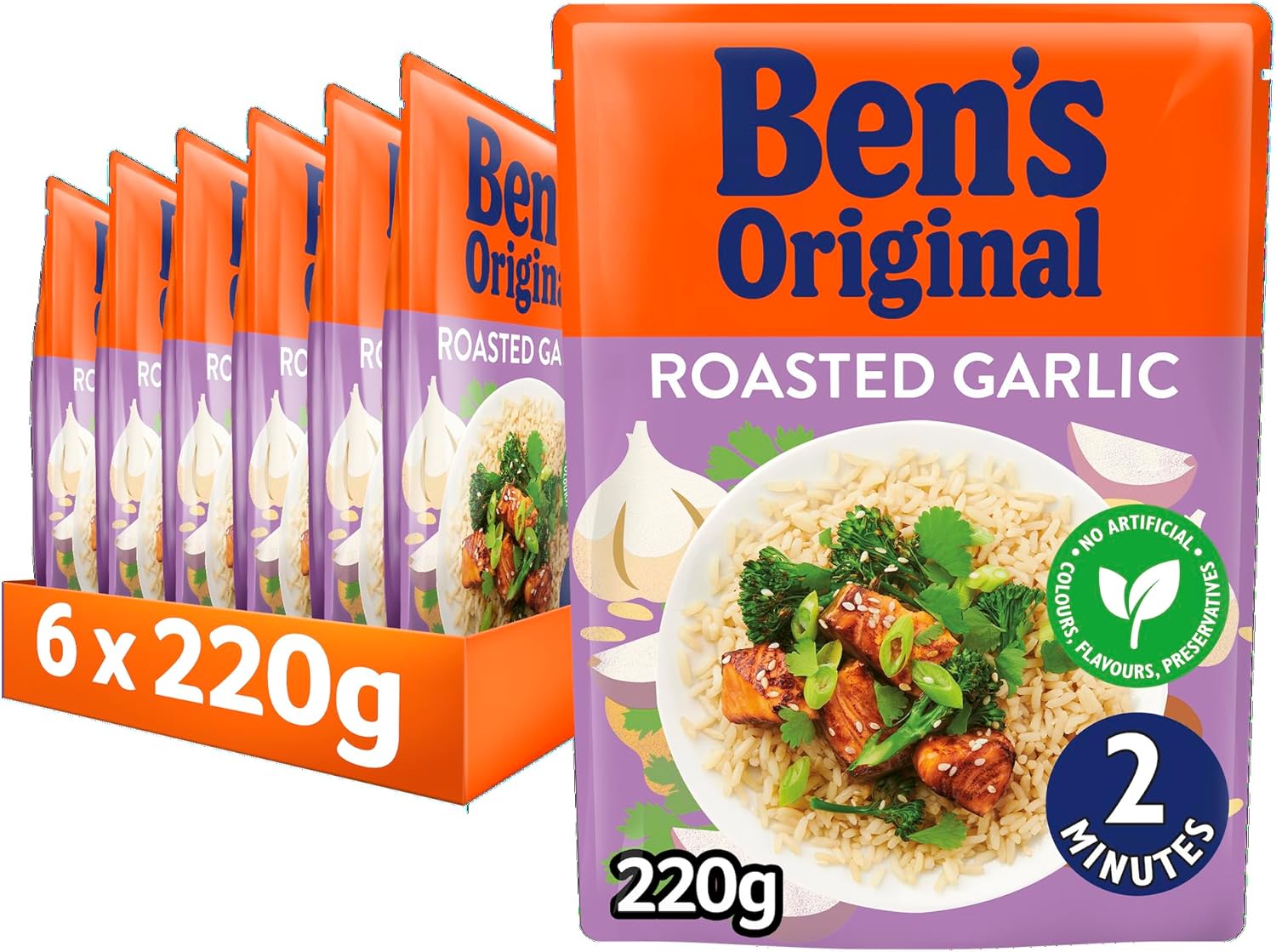 BEN'S ORIGINAL Roasted Garlic Microwave Rice, Bulk Multipack 6 x 220g pouches