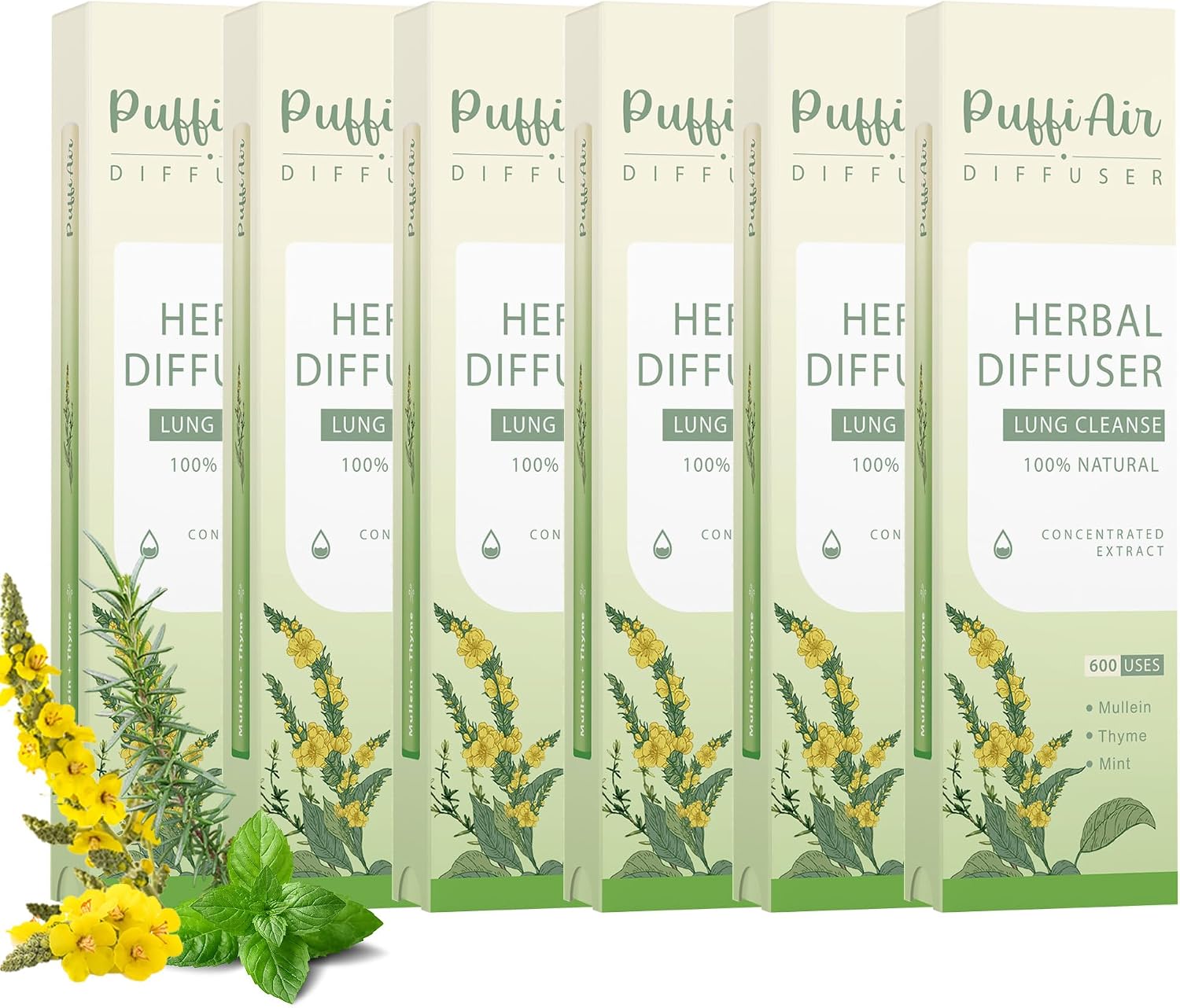 Herbal Diffuser Pen with Extracts of Mullein, Thyme and Mint for Lung Cleansing, Breathing Improvement, Oral Air Freshening and Quitting Bad Habit - 600 Uses (Green, 3600uses, Mint)