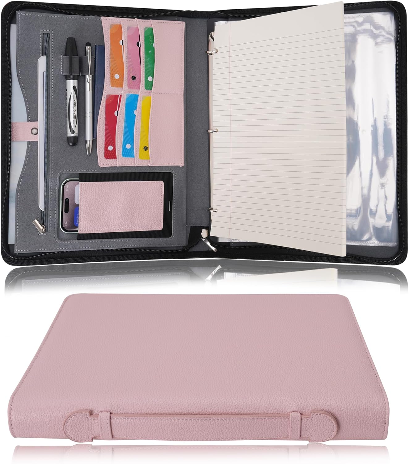 Wonderpool Travel Zippered Portfolio 3 Ring Binder A4 Padfolio Document Case with Removable Clipboard Legal Pad Holder, Business Office School Organizer for Men and Women (Pink)
