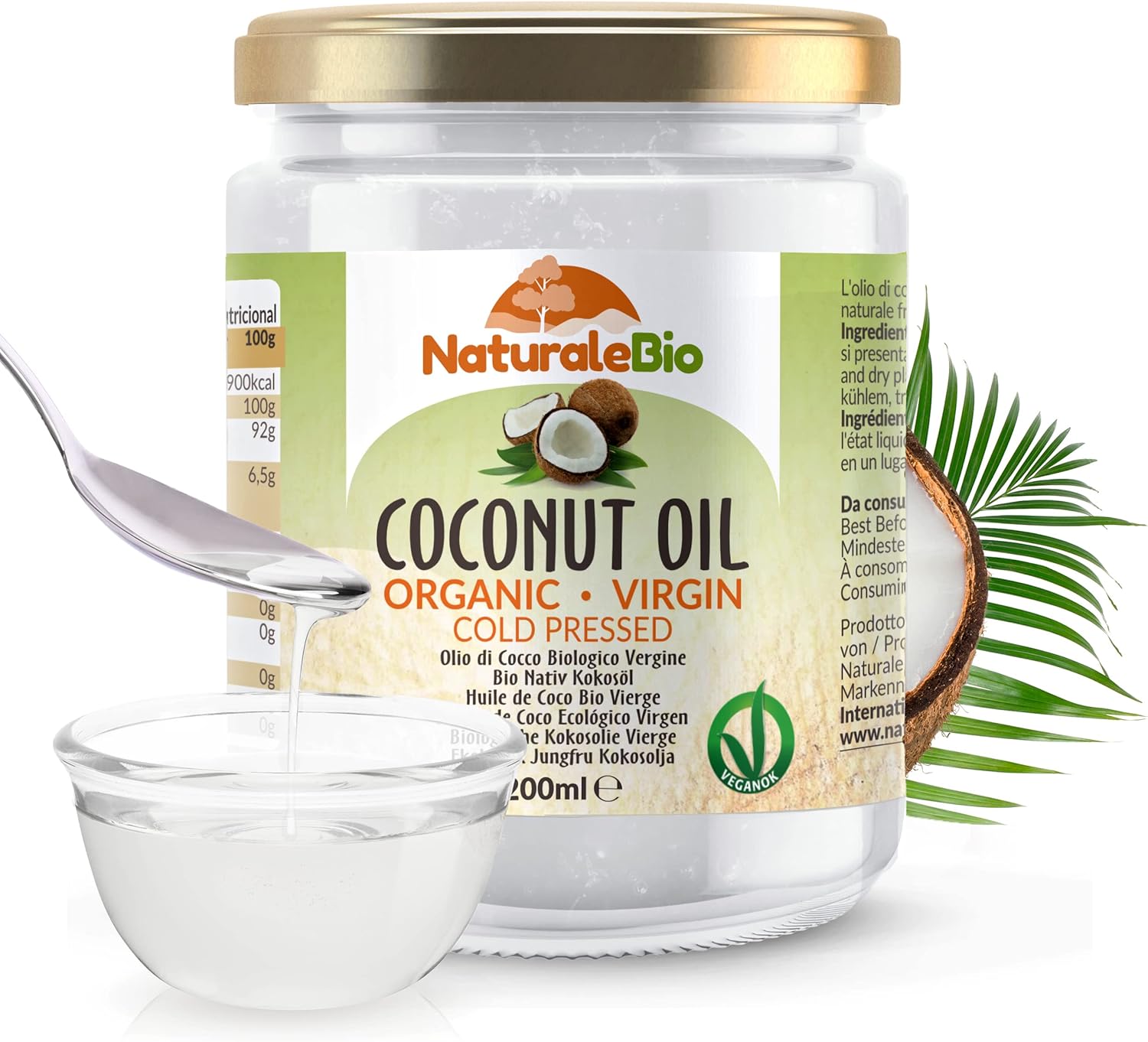 NaturaleBio Organic Virgin Coconut Oil 200 ml. Raw Cold Pressed. 100% Bio, Pure and Natural. Native Unrefined Organic. Country of origin Sri Lanka.