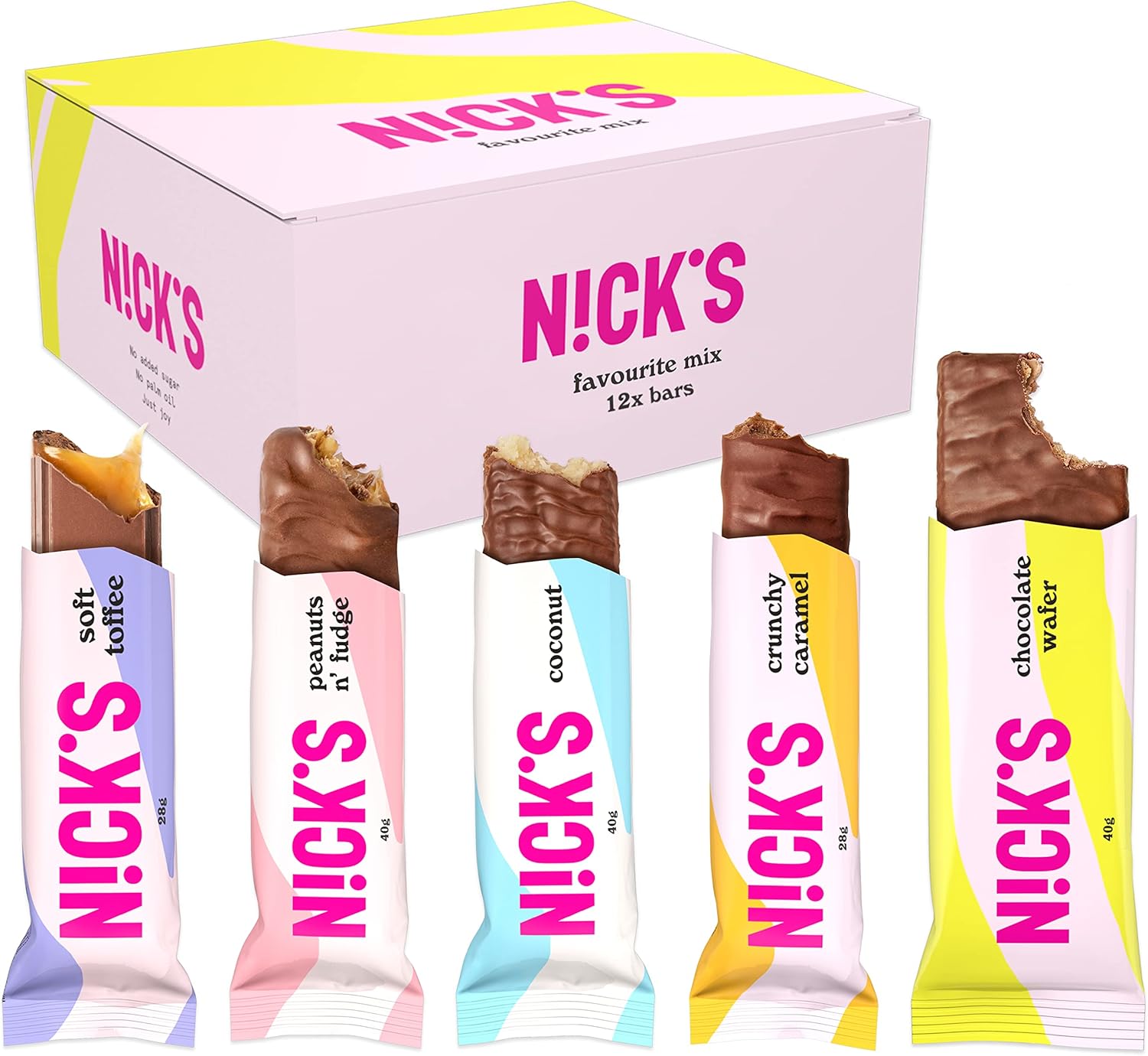NICKS Chocolate bar Favourite Mix Variety Box, Keto Snack Bars No Added Sugar Gluten Free Candy Bars Low carb Sweets (12 x Chocolates)