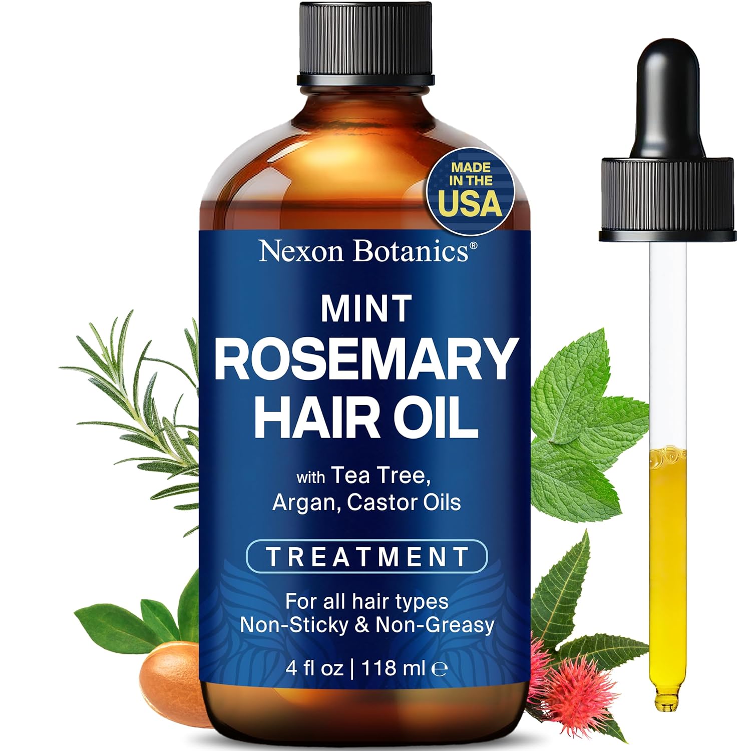 Mint Rosemary Hair Oil 4 fl oz - Hair Treatment for Growth & Repair - With Argan, Castor & Tea Tree Oils - For Damaged, Curly, Frizzy Hair & Dry Scalp - Men & Women