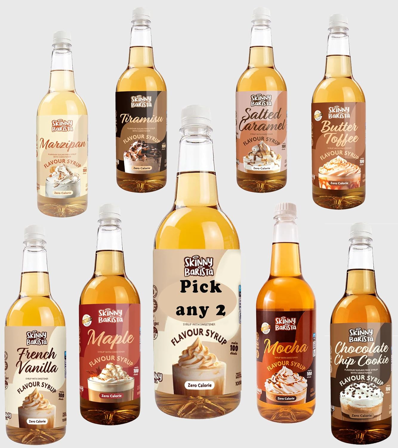 The Skinny Food Co. Coffee Syrup - PICK ANY 2 Bottles - 2x1 litre - Barista Syrup Flavours, Zero Calorie, Vegan, Gluten Free, Fat Free. No Guilt Sugar Free