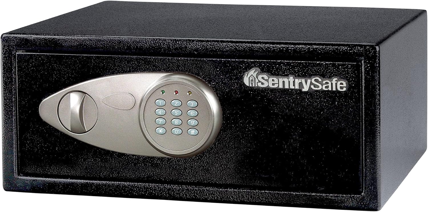 SentrySafe Shelf Safe with Digital Keypad Lock, Steel Safe with Interior Lining and Bolt Down Kit for Money, Jewelry, 0.78 Cubic Feet, 7.1 x 16.9 x 13.8 Inches, X075