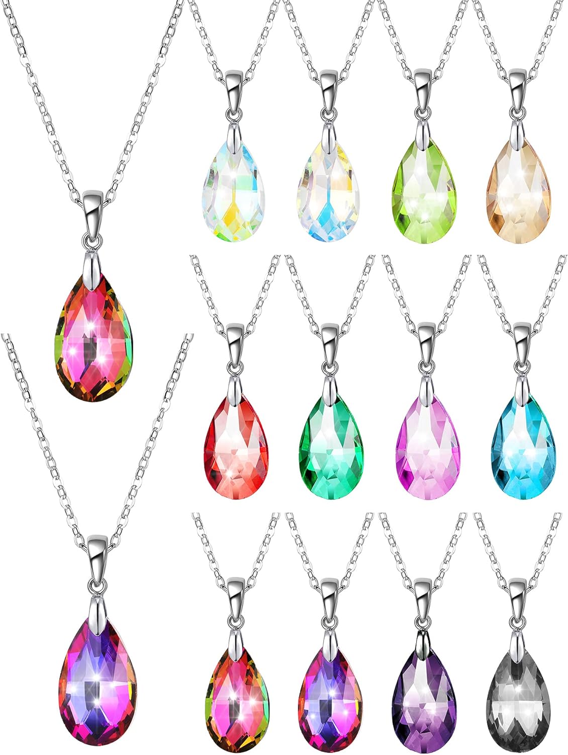 Hicarer 12 Pieces Teardrop Crystal Necklace Cubic Zirconia Pendant Necklace Jewelry for Women