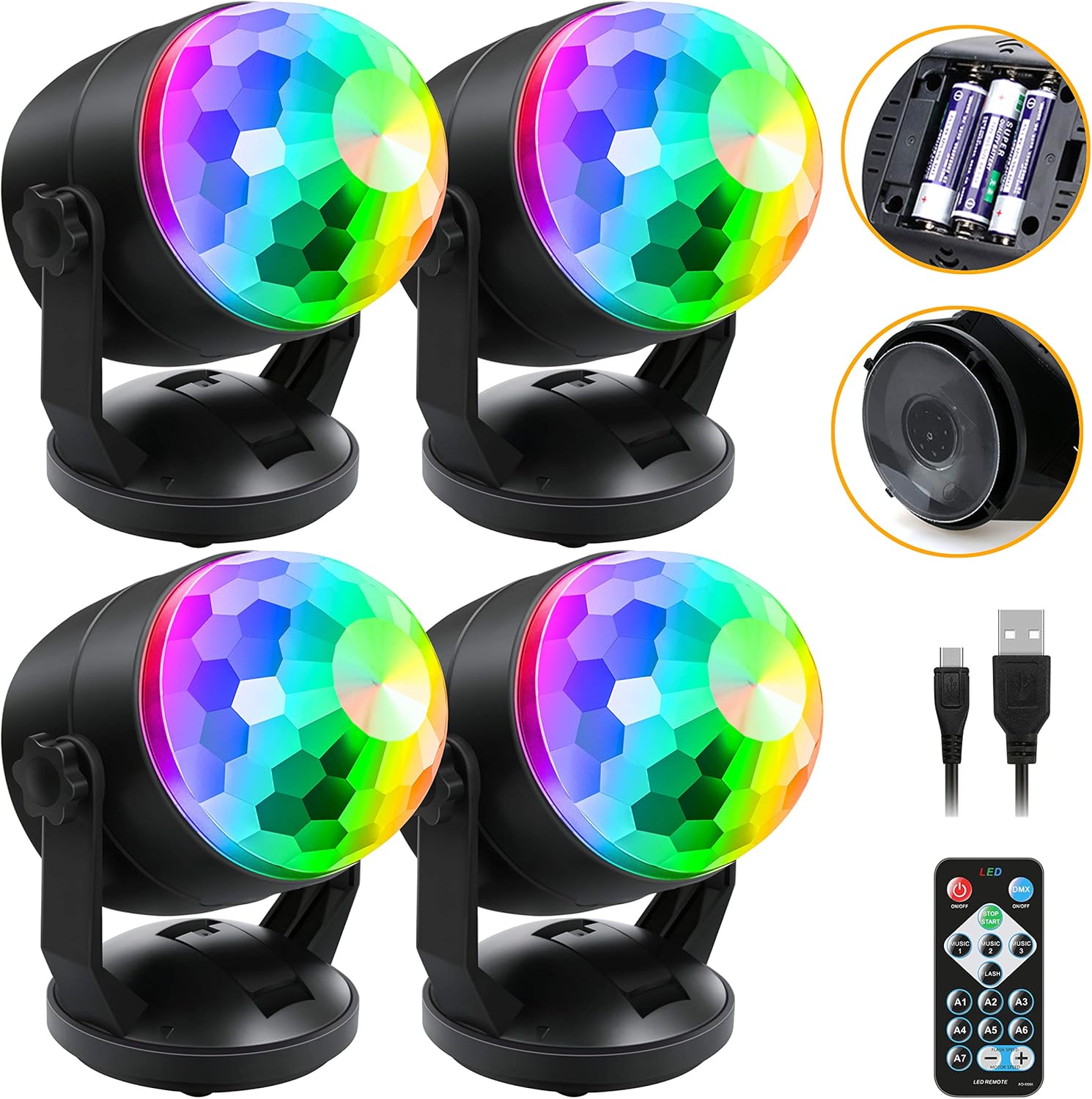 Luditek 4-Pack Disco Ball Light, Sound Activated DJ Strobe Light w/Remote, Battery Powered USB, Portable Party Supplies for Indoor Large Home Room Dance Karaoke Christmas Decorations