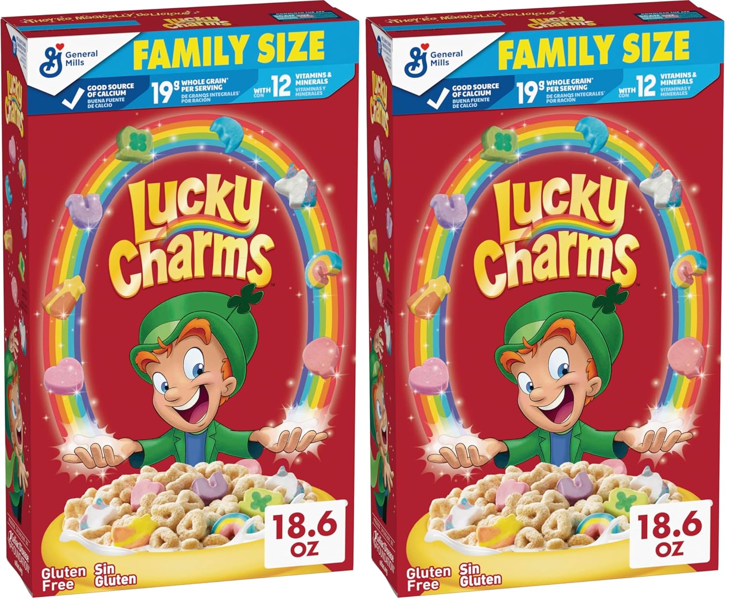 Lucky Charms Cereal with Marshmallows, Gluten Free Cereal Made with Whole Grain, Family Size, 18.6 oz (Pack of 2)