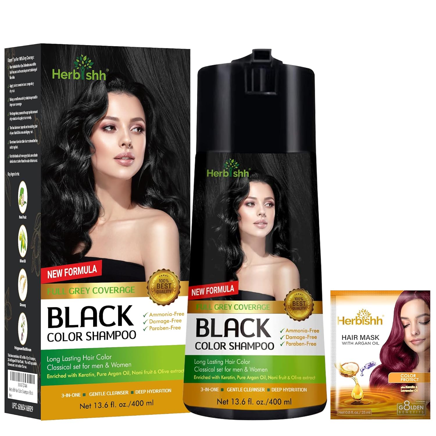 Herbishh Hair Color Shampoo for Gray Hair - Enriched Formula with Keratin & Tuber Fleece Flower - Full Grey Coverage, Easy to Use, Long lasting, Instant - Black (400ml)