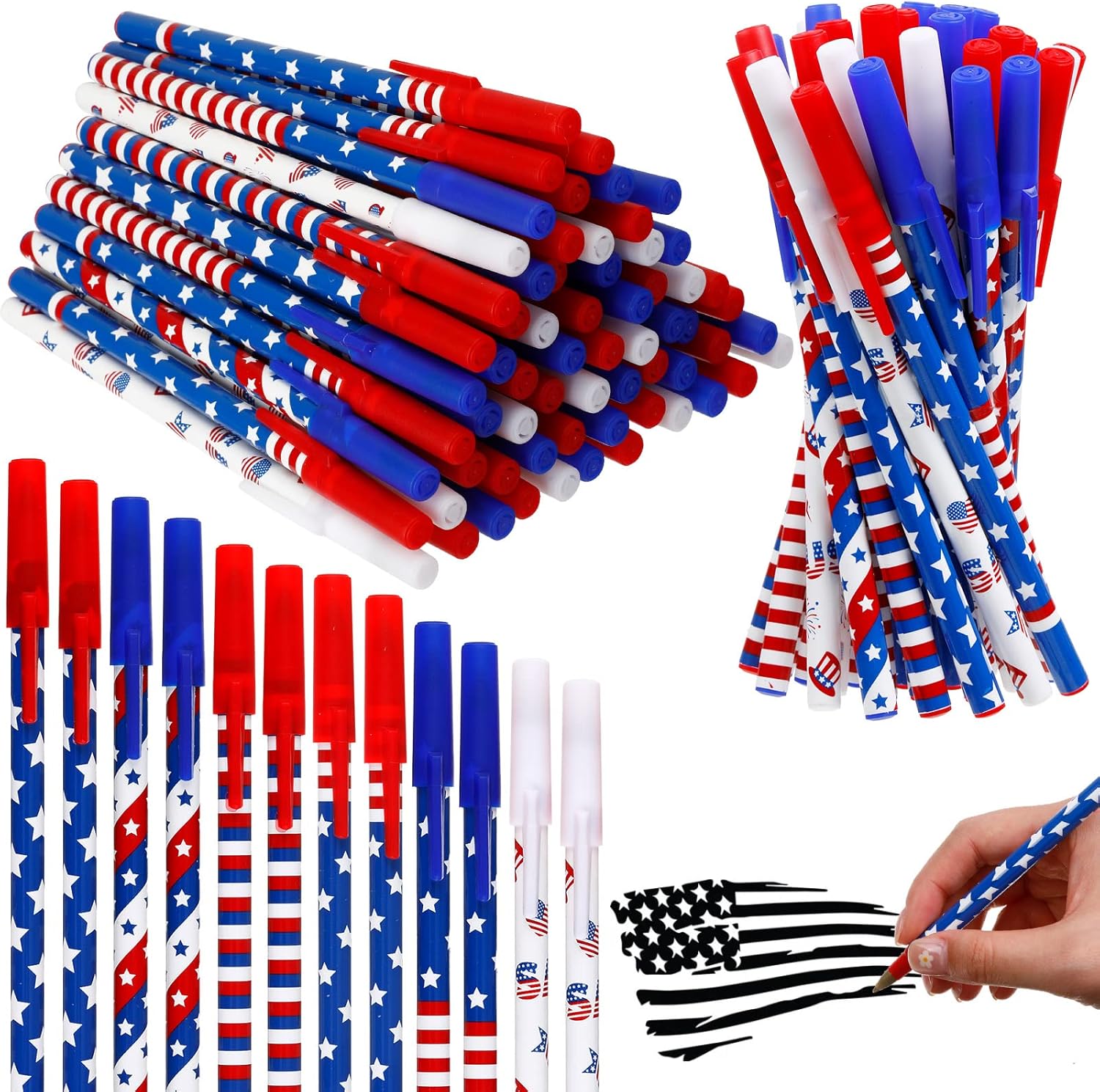 Eaasty 96 Pcs American Flag Ballpoint Pens Bulk 4th of July USA Gel Ink Pen Patriotic Independence Day Stars Stripes Stationery for Home Office Supplies USA Souvenirs Gifts