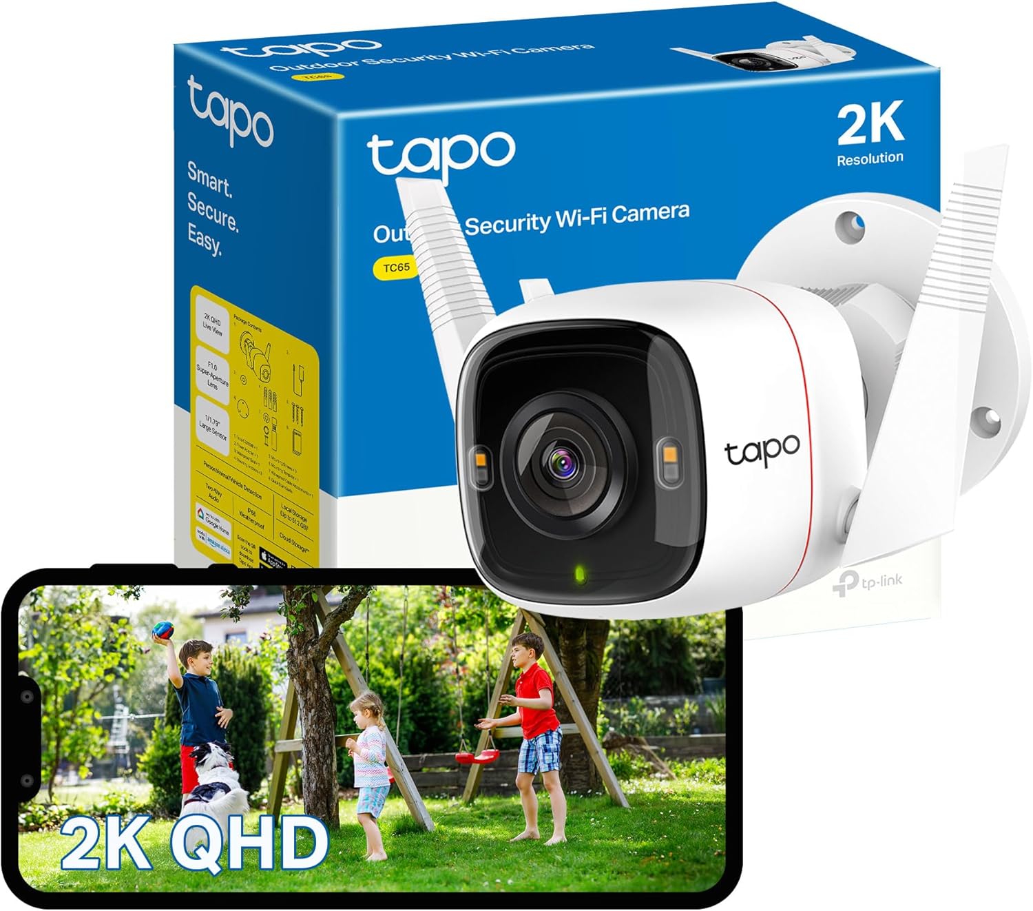 Tapo TC65 2K Security Camera Outdoor Wireless & Wired, Outdoor Camera No Monthly Fee, Smart Person Detection, Advanced Night Vision,Two-Way Talk, IP66 Weatherproof, Works with Alexa & Google