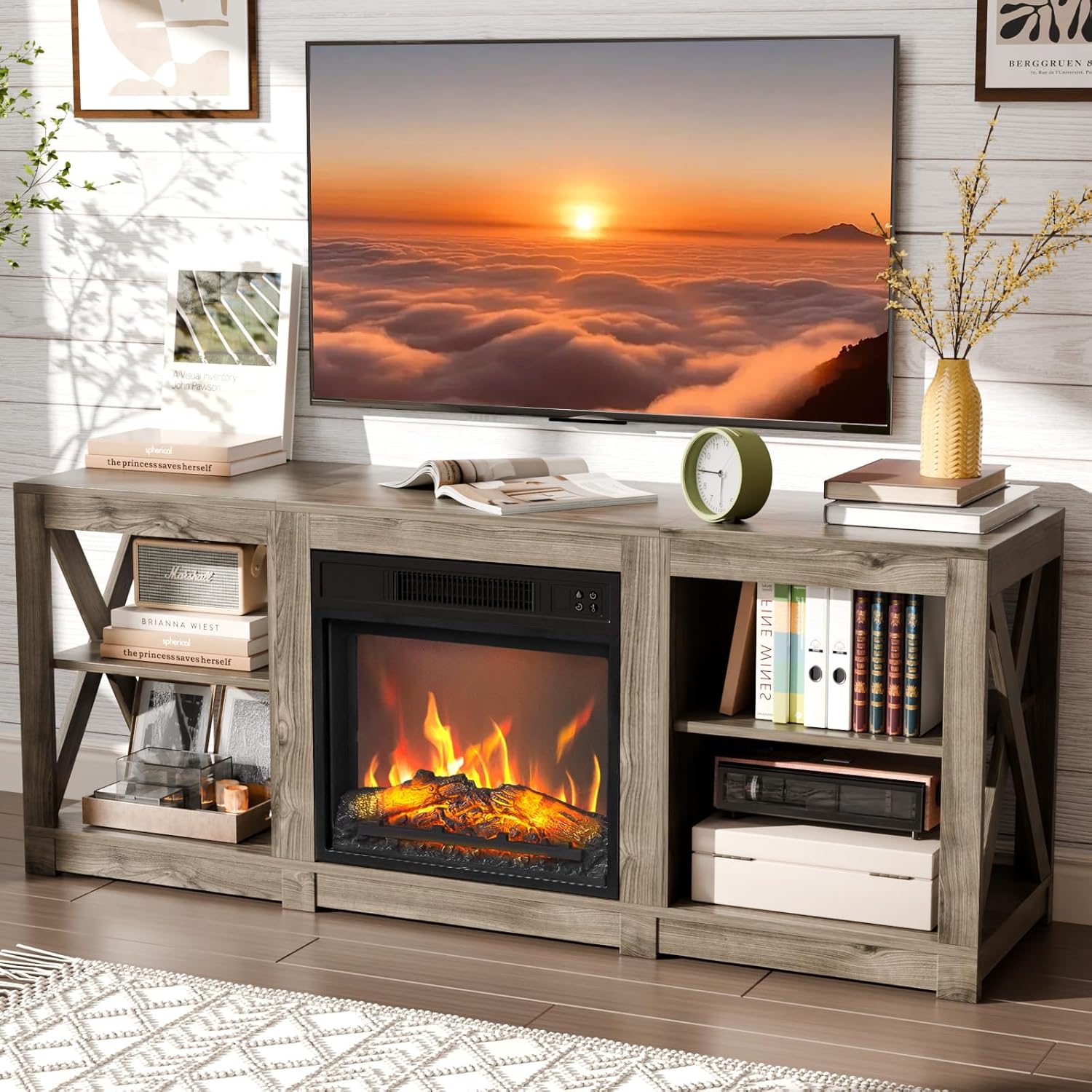 VINGLI Fireplace TV Stand up to 70'' TVs, Farmhouse Fireplace Entertainment Center with Adjustable Shelves, Media Entertainment Center Console Table, Gray Oak
