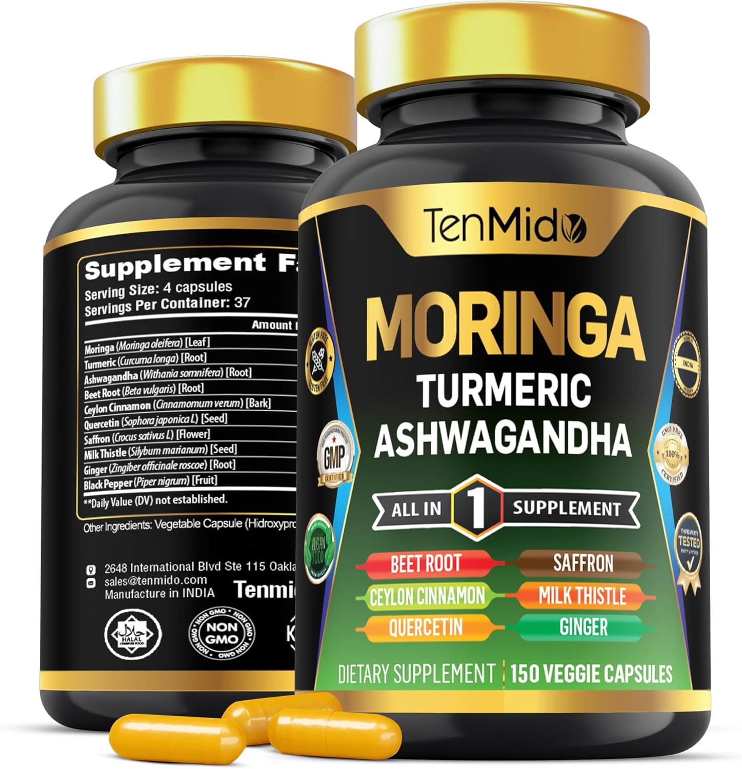 Moringa Oleifera Supplement for Men and Women, 10in1 Formula with Turmeric, Ashwagandha, Ceylon Cinnamon, Beet Root, Saffron & More - Energy, Immune Support - Nutrient Rich - 150 Capsules