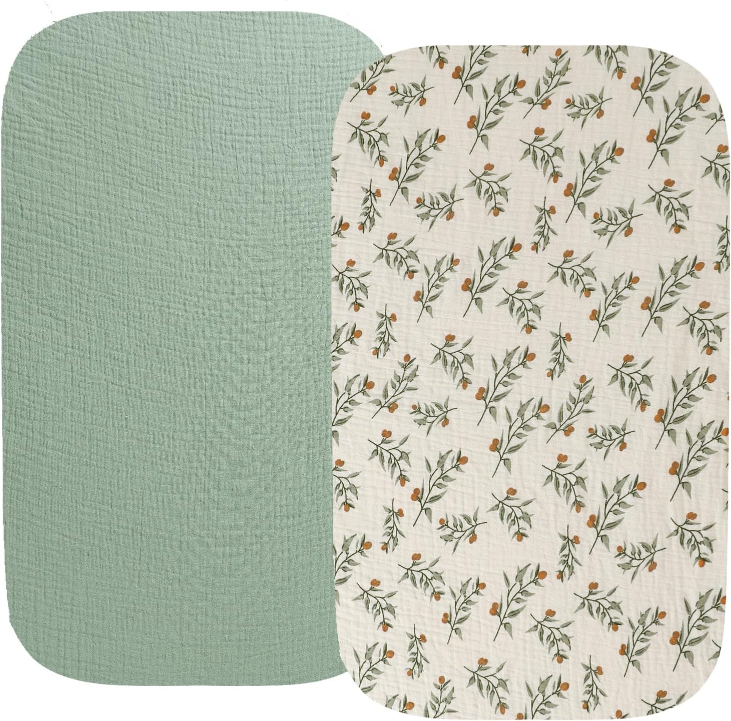 Koolerthings & Pamo Babe 2in1 Muslin Bassinet Sheets, 2 Pack Cotton Fitted Roman Green & Botanical Leaf