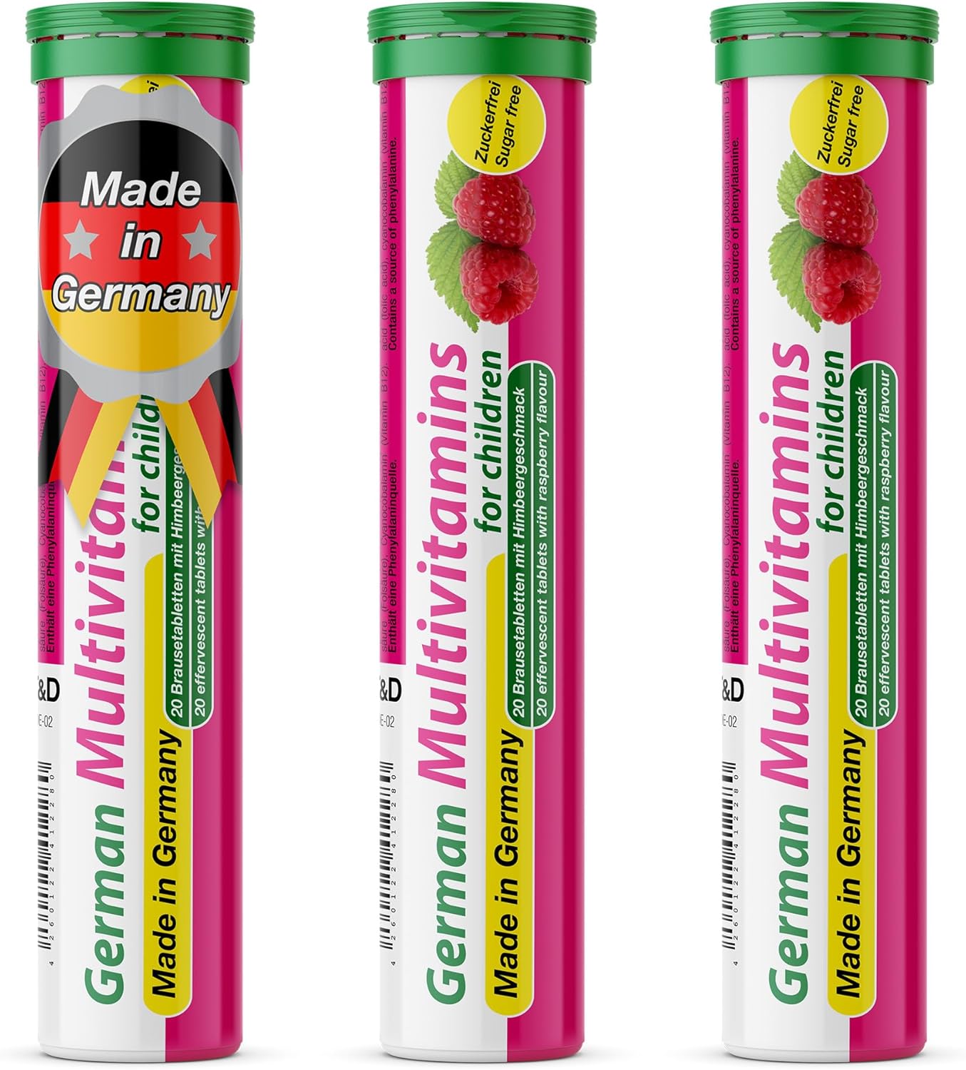 T&D German Multivitamin for Children 60 Drink Effervescent Tablets - Sweet Raspberry Flavour, Sugar Free, Vegan - Vitamin C, E, B1, B2, B6, B12, Folic Acid, Niacin Pharma – Made in Germany