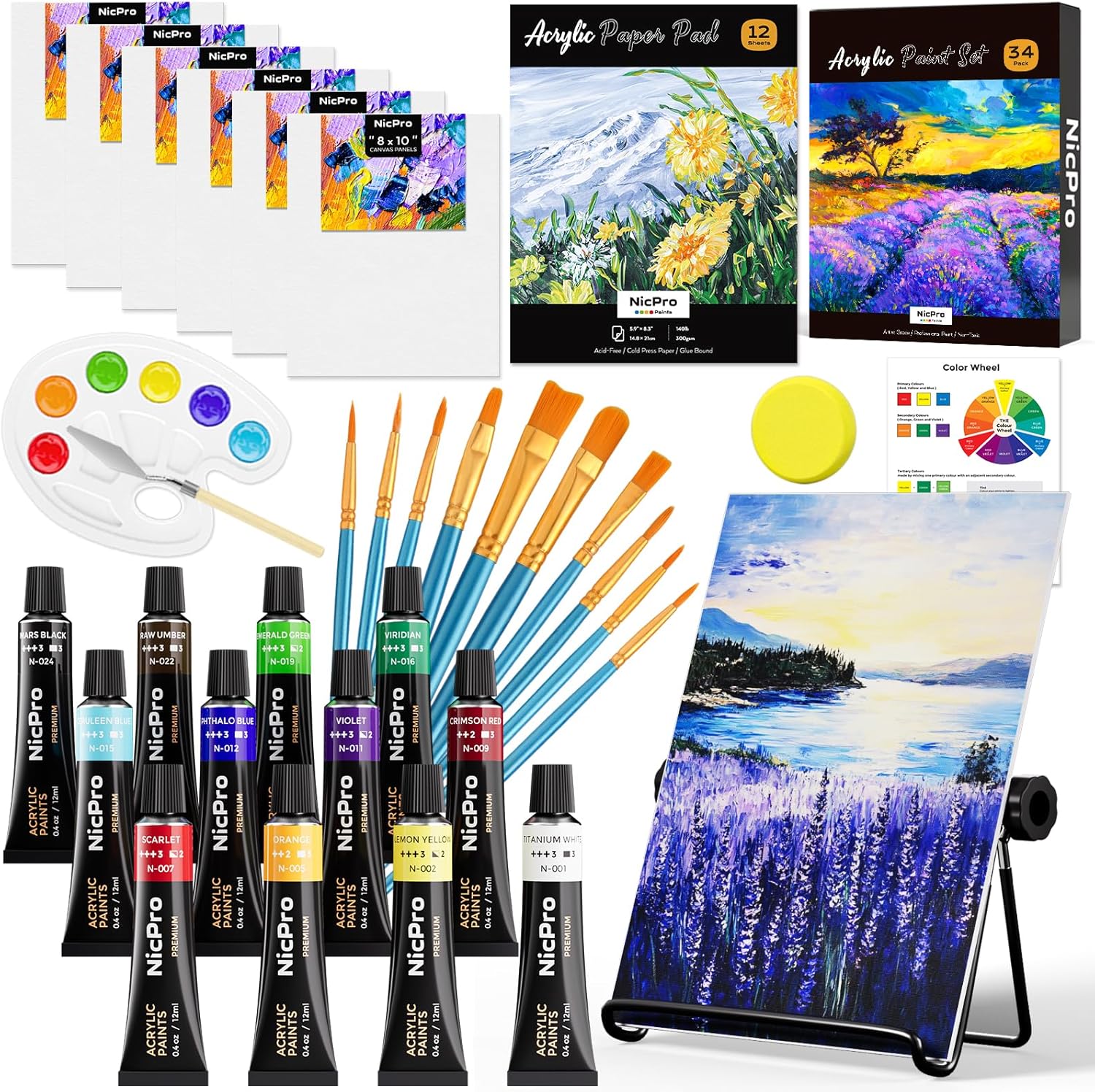 Nicpro Kids Paint Set, 34PCS Painting Supplies Kit Non Toxic,12 Colors Acrylic Paint, Table Easel, 6 Canvas Panels, 10 Brushes, Paper Pad, Sponge, Color Wheel, Palette for Adult Toddlers Beginner