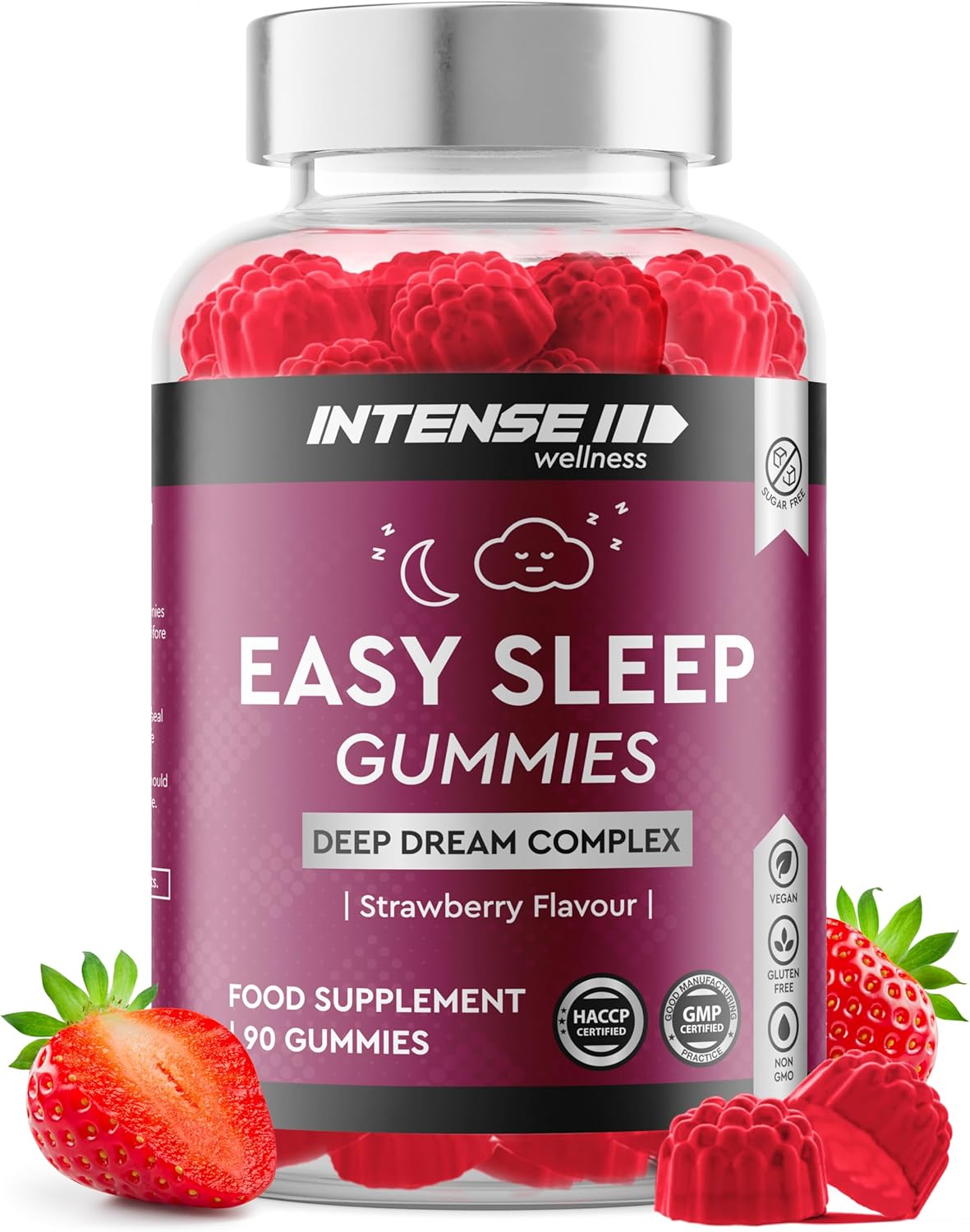 INTENSE Wellness 90 Extra Strength Easy Sleep Gummies – Sugar Free Natural Non-GMO Vegan Herbal Sleep Support with Ashwagandha and Chamomile, Chewable Strawberry Flavored Sleep Aid for Relaxation