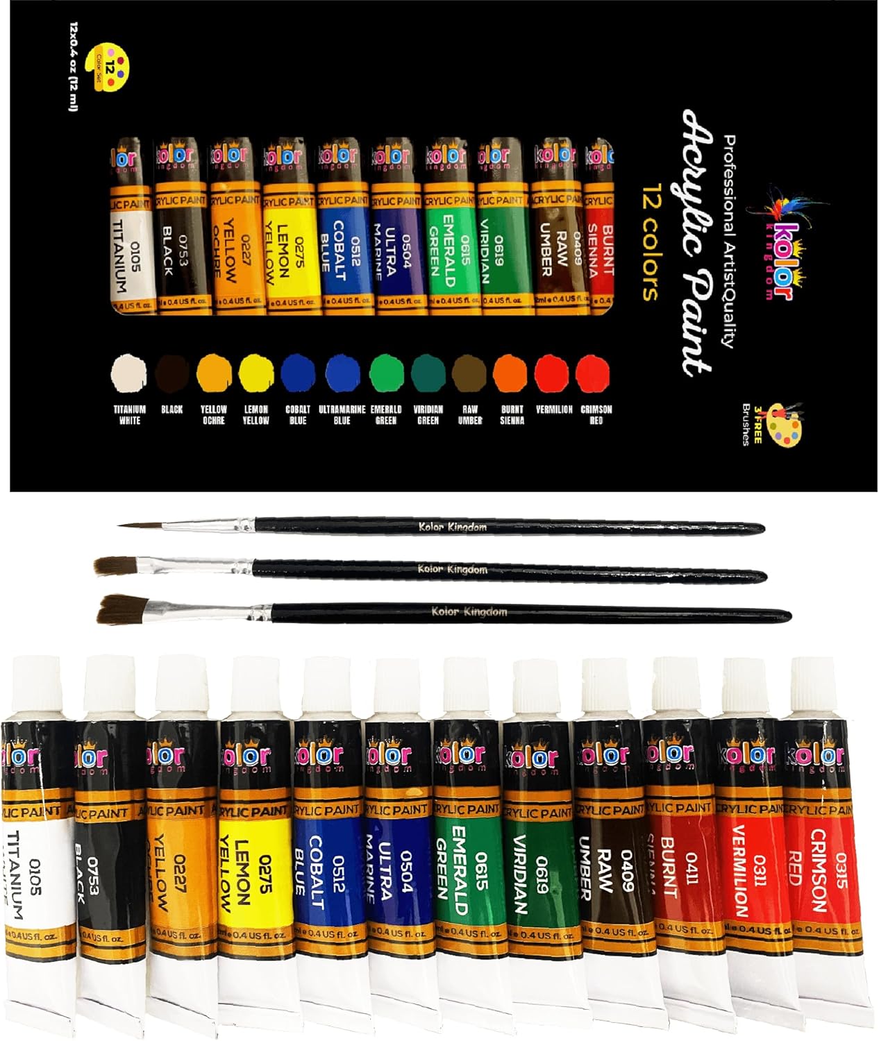 Acrylic Paint Set 12 Colours Canvas Paints Kit with 3 Paint Brushes for Crafts,Kids Paints, Paper, Rock Painting, Wood,Ceramic & Fabric Vibrant Colors (12 X 12 ML)