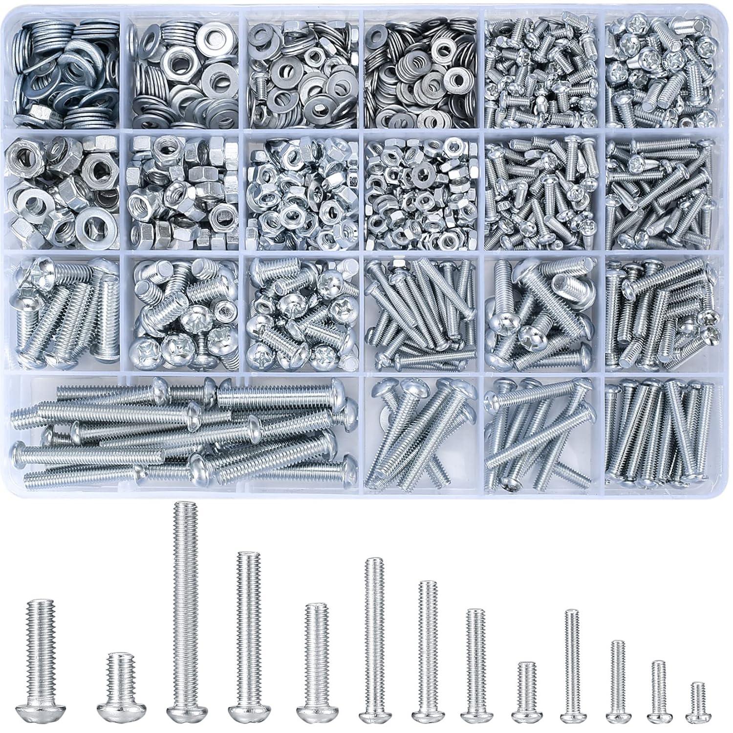 Vwoqiy 1080 Pcs Round Head Screws Nuts Flat Washers Assortment Kit, M3 M4 M5 M6 Cross Pan Head Machine Screws and Hex Bolts and Nuts Sets - 900g/16 Size (silvery 1080)