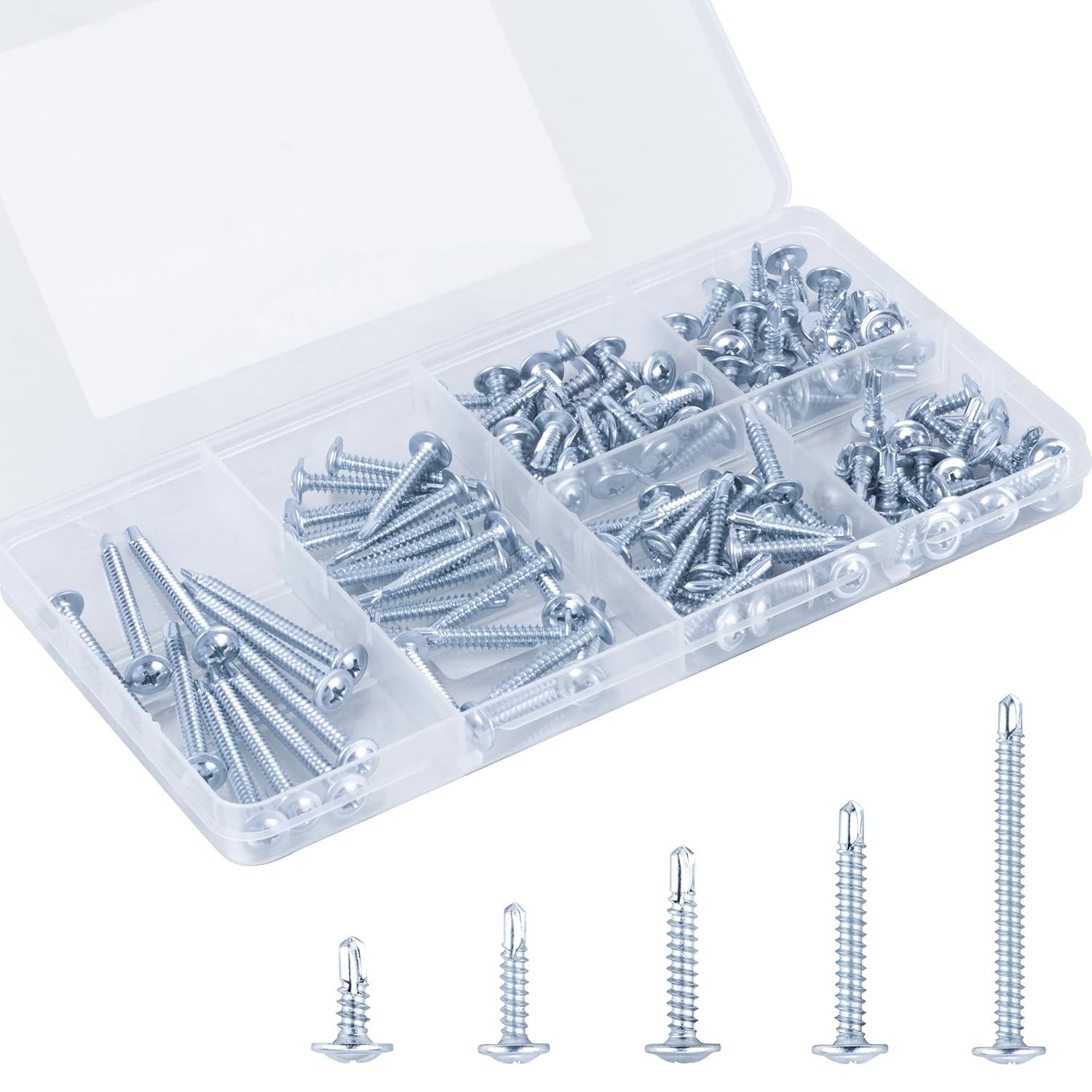 KURUI Self Tapping Screws Assortment Kit, #8 Sheet Metal Screws for Metal Wood & Plastic, 125Pcs Galvanized Pan Head Self Drilling Screws in 5 Sizes (1/2, 3/4, 1-1/4, 1in, 2in)