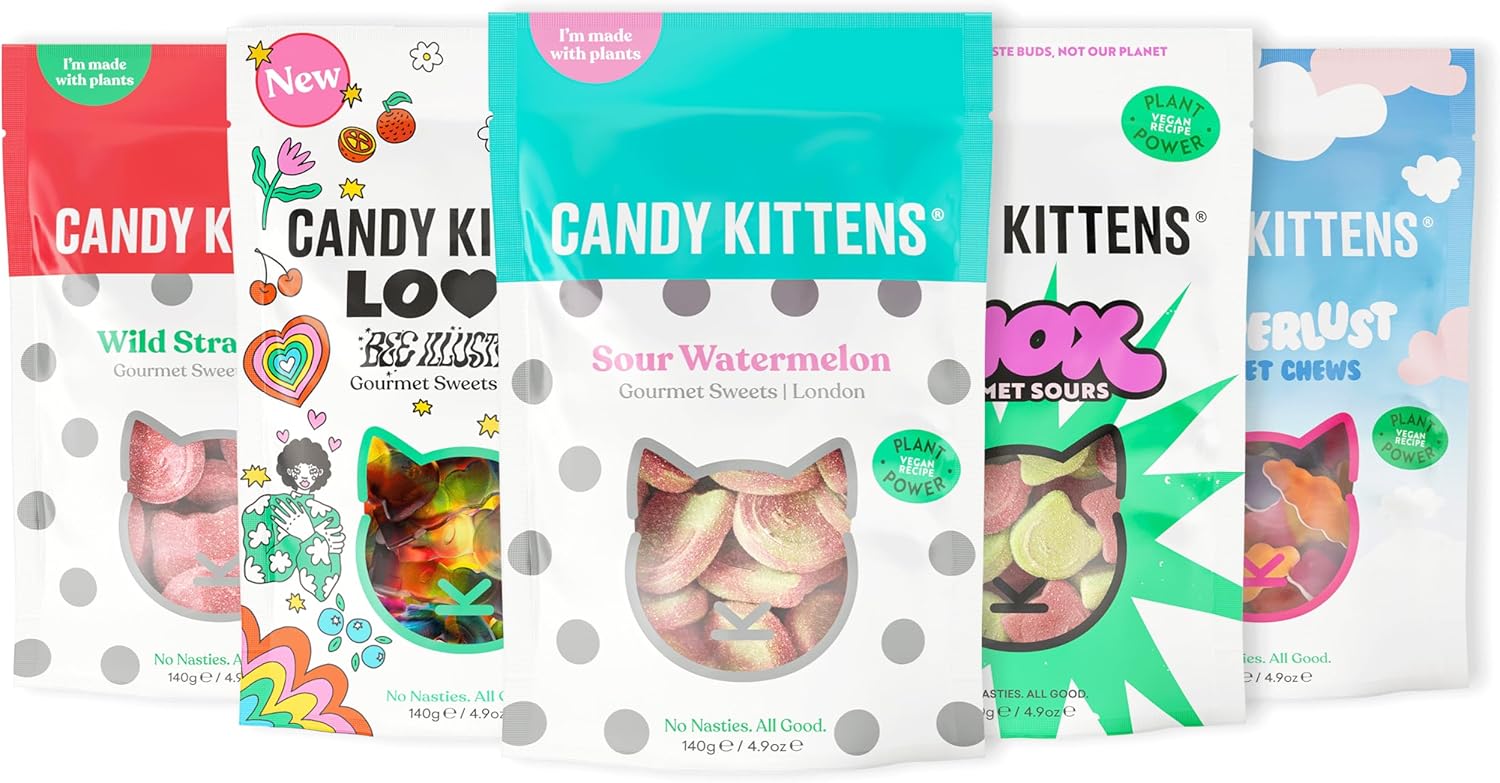 Candy Kittens Vegan Sweets DISCOVERY Selection (5 x 140g), Vegan Chewy Sweets Bundle - 5 Packs - Wild Strawberry, Sour Watermelon, Shox, Wanderlust & LOVES, Perfect Vegetarian Gifts