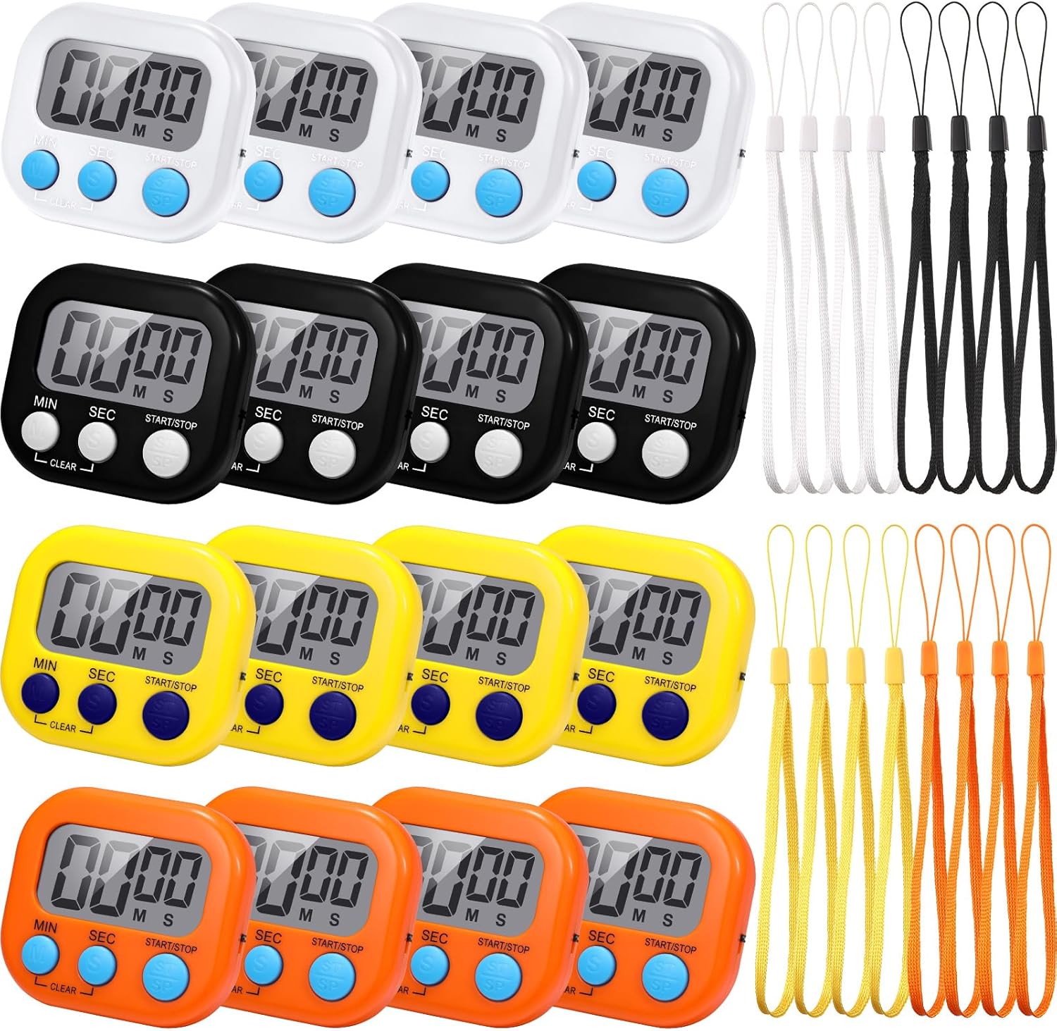 Flutesan 16 Pcs Small Digital Kitchen Timers Classroom Timers for Students Magnetic Back and on Switch Minute Second Count up Countdown with Matching Ropes(Black, White, Yellow, Orange)