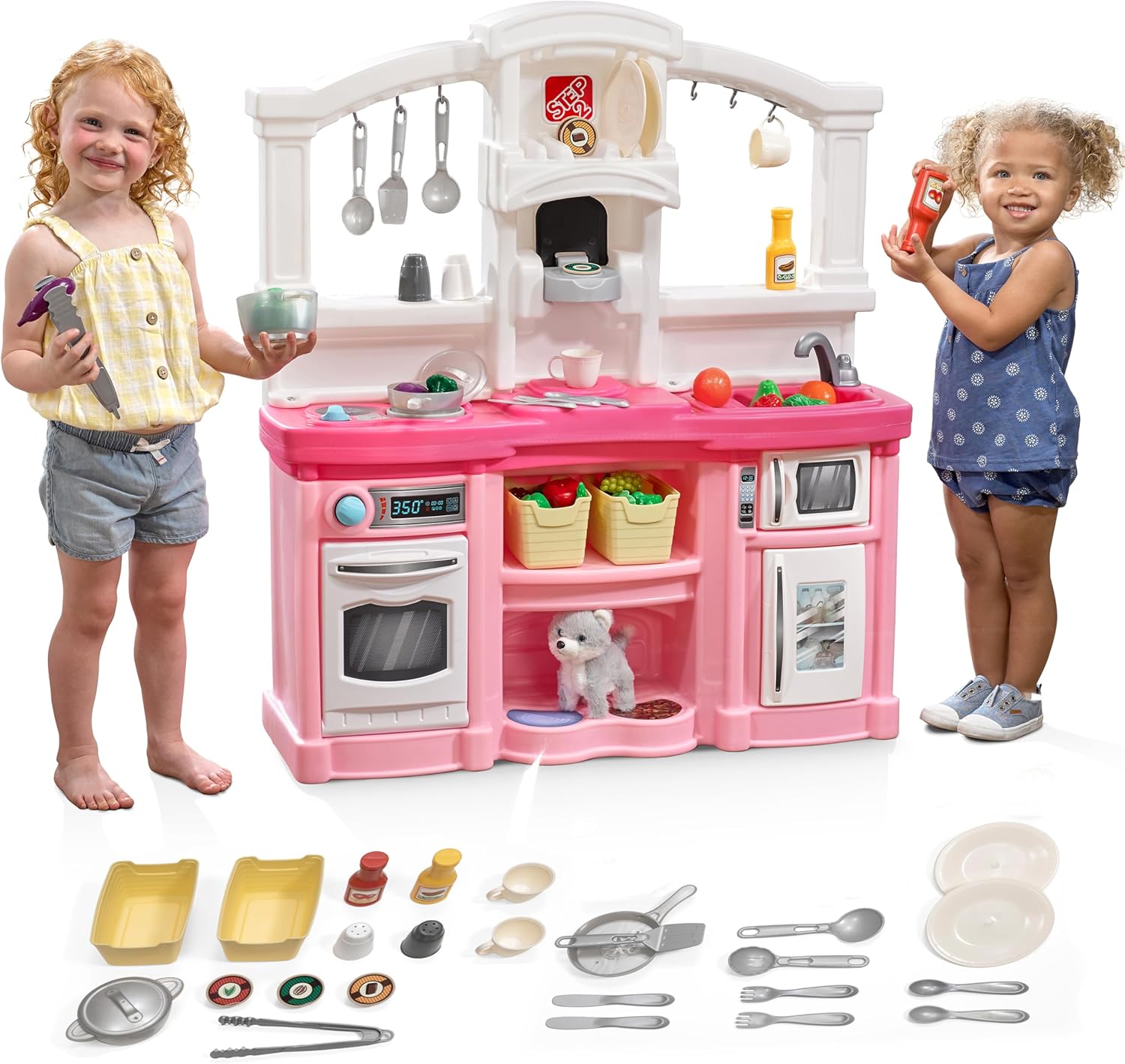 Step2 Fun with Friends Kids Kitchen Playset, Indoor/Outdoor Kitchenette, Interactive Play with Lights and Sounds, Durable Plastic, Includes 25 Piece Toy Accessories, Toddlers 2+ Years Old, Pink