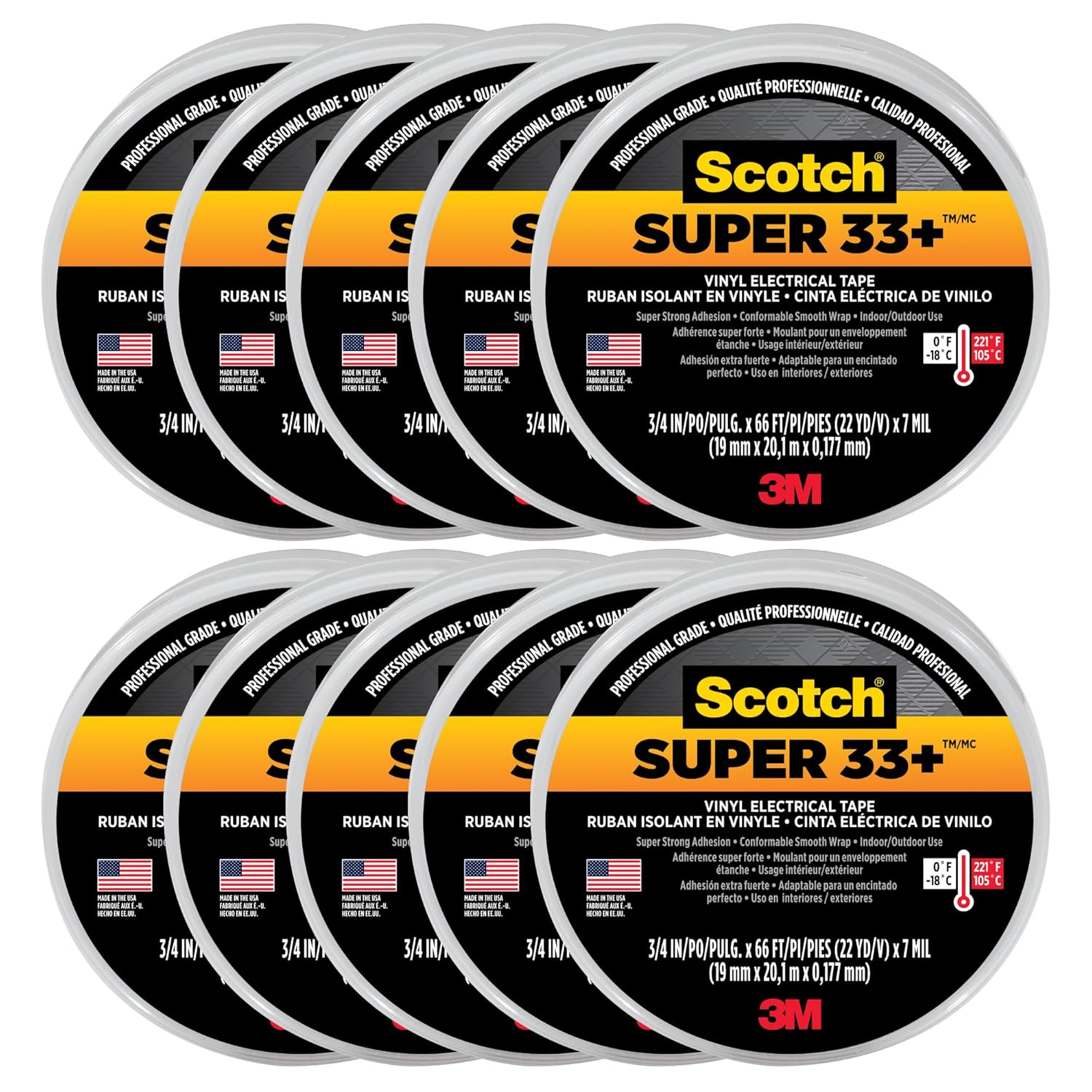 Scotch 3M Super 33+ Vinyl Electrical Tape.75-Inch by 66-Feet, 10-Pack