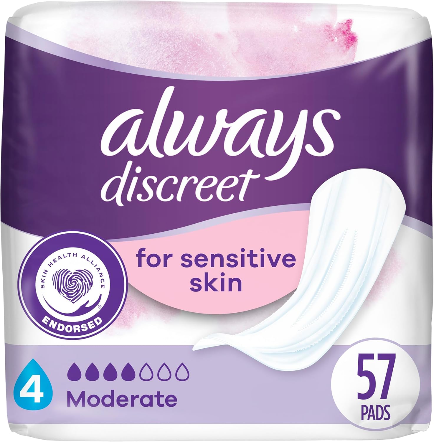 Always Discreet Incontinence Pads for Women with Bladder Leaks, Sensitive Skin Pads Moderate Absorbency, Regular Length, 57 Count
